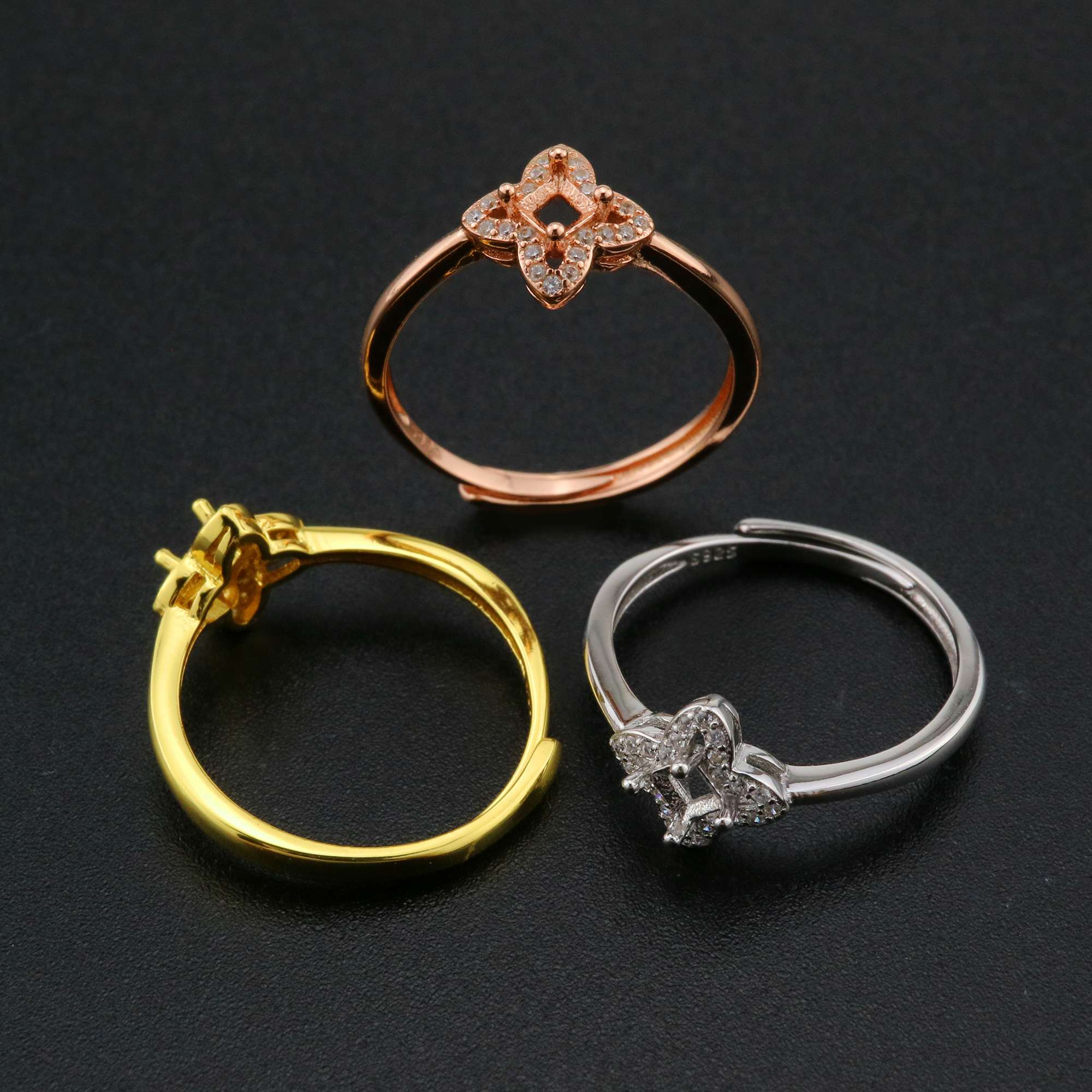 3MM Square Flower Prong Ring Settings Solid 925 Sterling Silver Rose Gold Plated DIY Adjustable Ring Bezel for Gemstone 1294218 - Click Image to Close