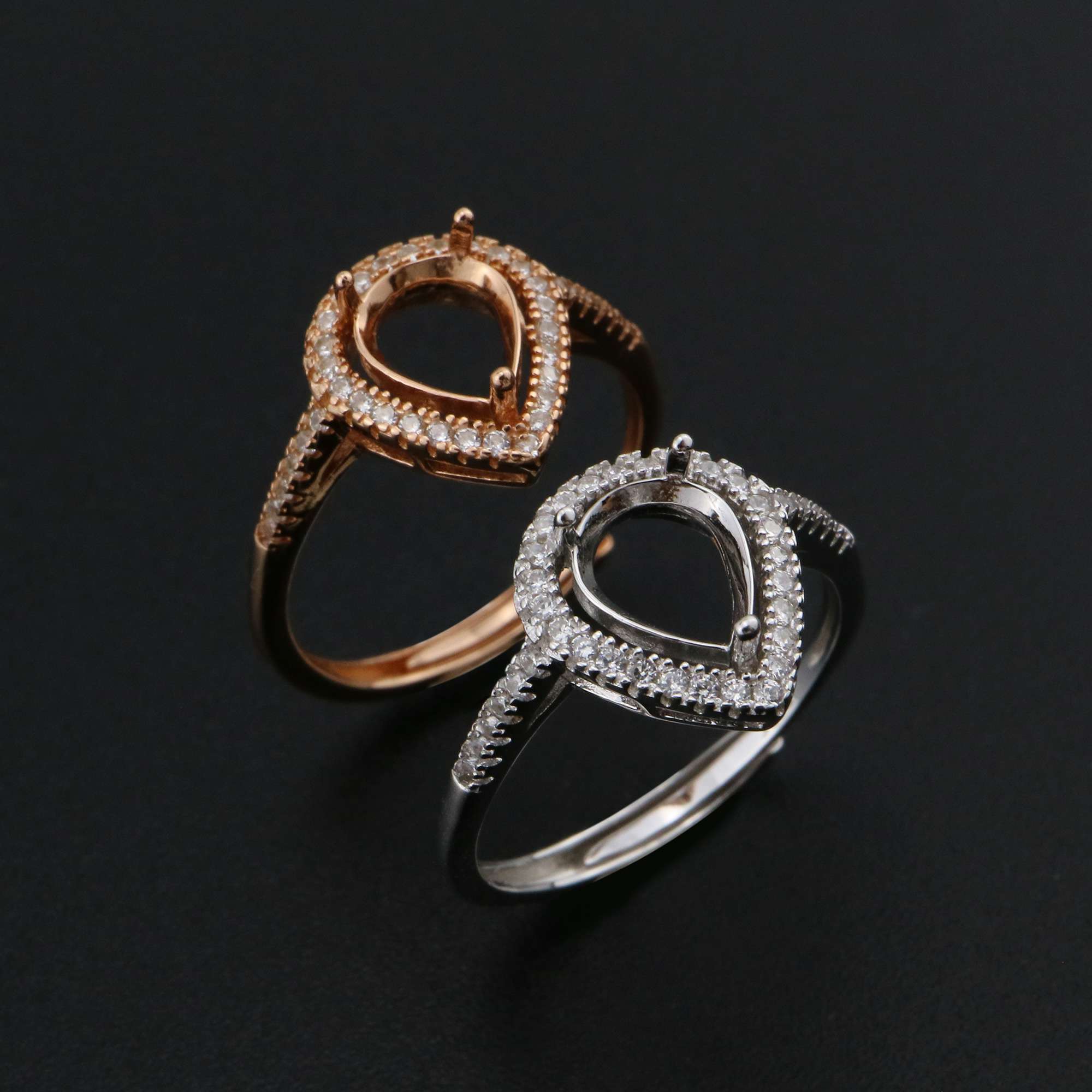 Halo Pear Prong Ring Settings Rose Gold Plated Solid 925 Sterling Silver Adjustable Ring Bezel for DIY Gemstone 1294224 - Click Image to Close