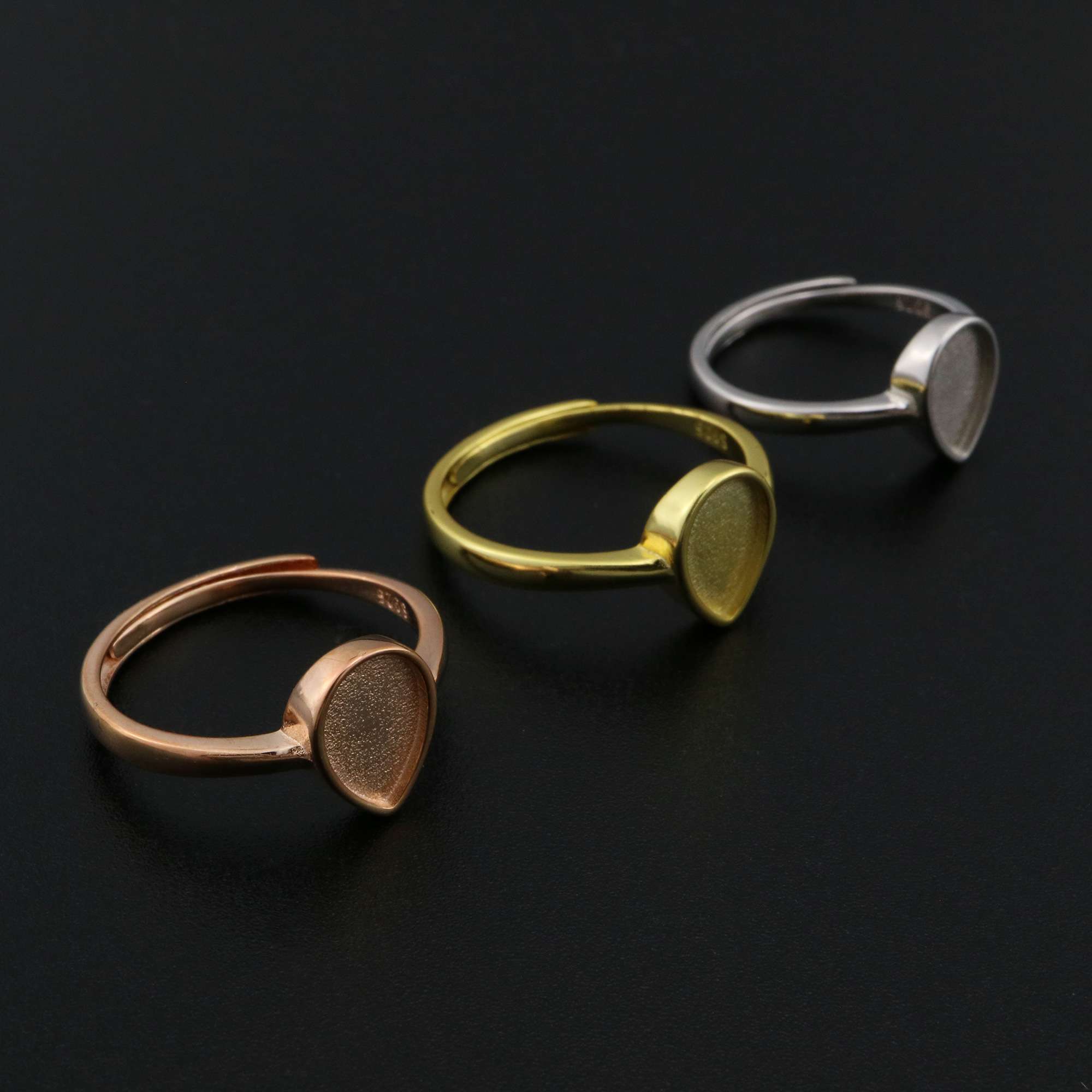 Pear Bezel Ring Settings Solid Back Breast Milk Resin Rose Gold Plated 925 Sterling Silver DIY Adjustable Ring 6.5x9.5MM 1294227 - Click Image to Close