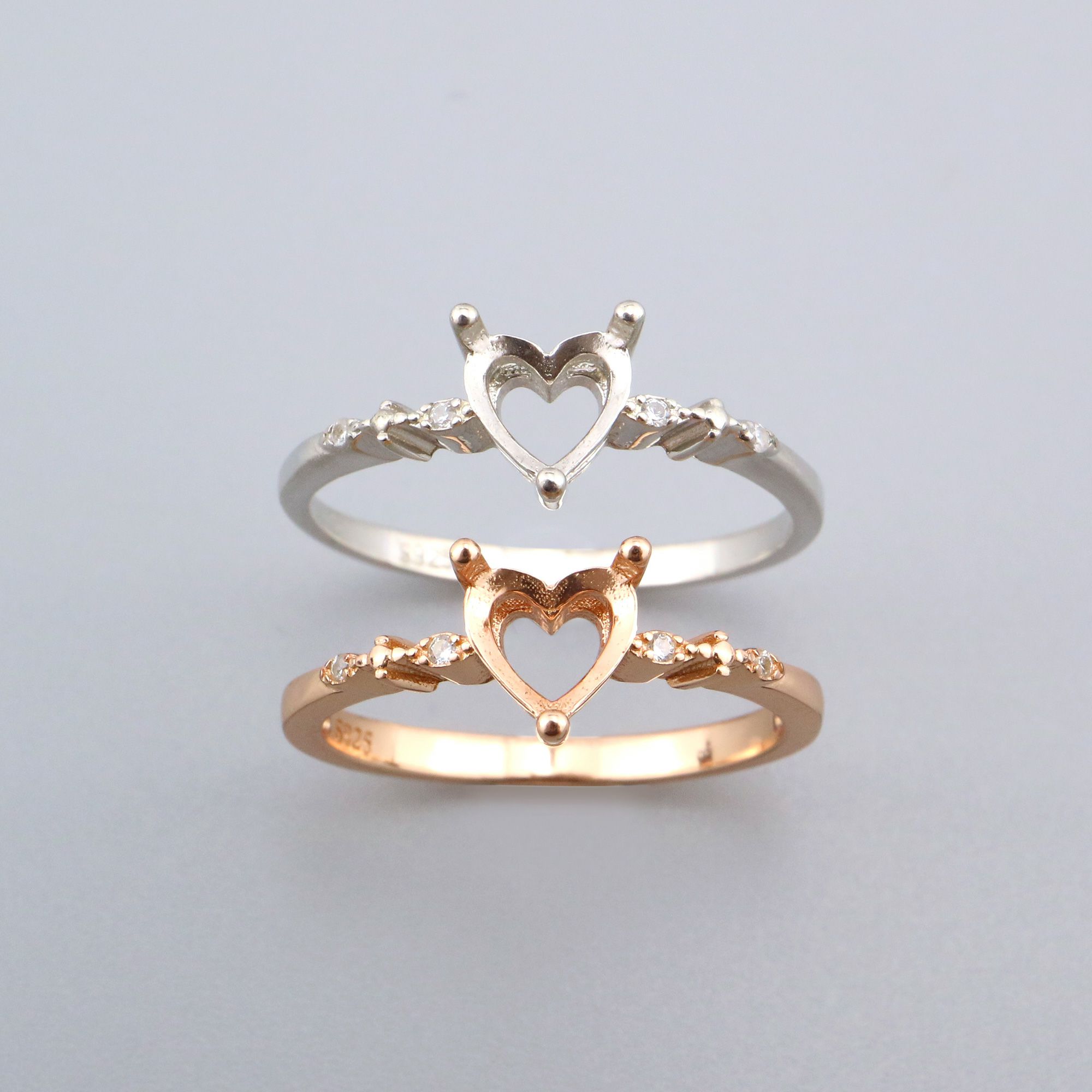 6MM Heart Prong Ring Settings Solid 925 Sterling Silver Rose Gold Plated Set Size DIY Ring Bezel for Gemstone Supplies 1294234 - Click Image to Close