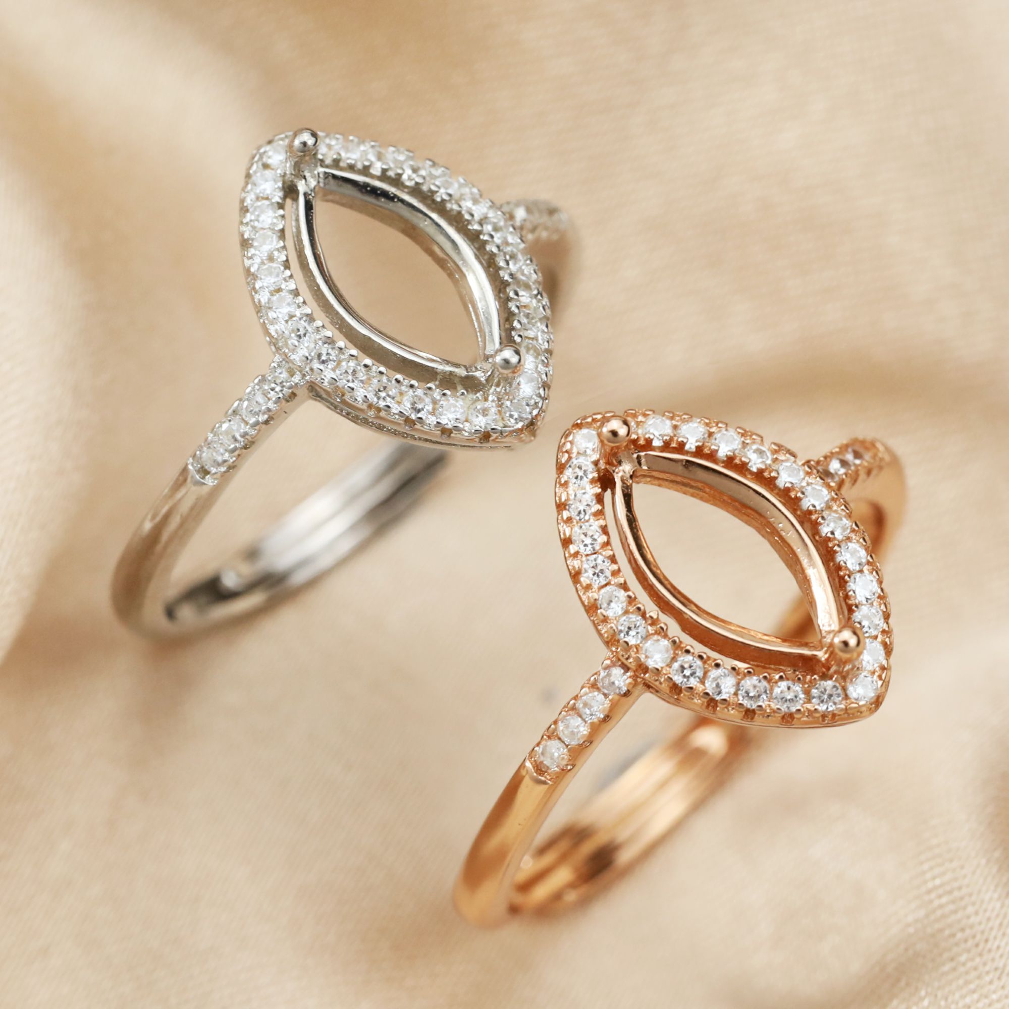 5x10MM Halo Marquise Prong Ring Settings Solid 925 Silver Rose Gold Plated DIY Adjustable Ring Bezel for Gemstone Supplies 1294235 - Click Image to Close