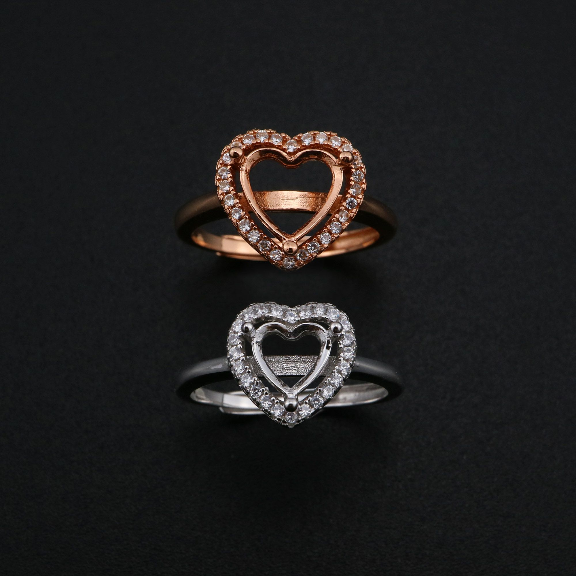 6-8MM Halo Heart Prong Ring Settings Solid 925 Silver Rose Gold Plated DIY Adjustable Ring Bezel for Gemstone Supplies 1294237 - Click Image to Close