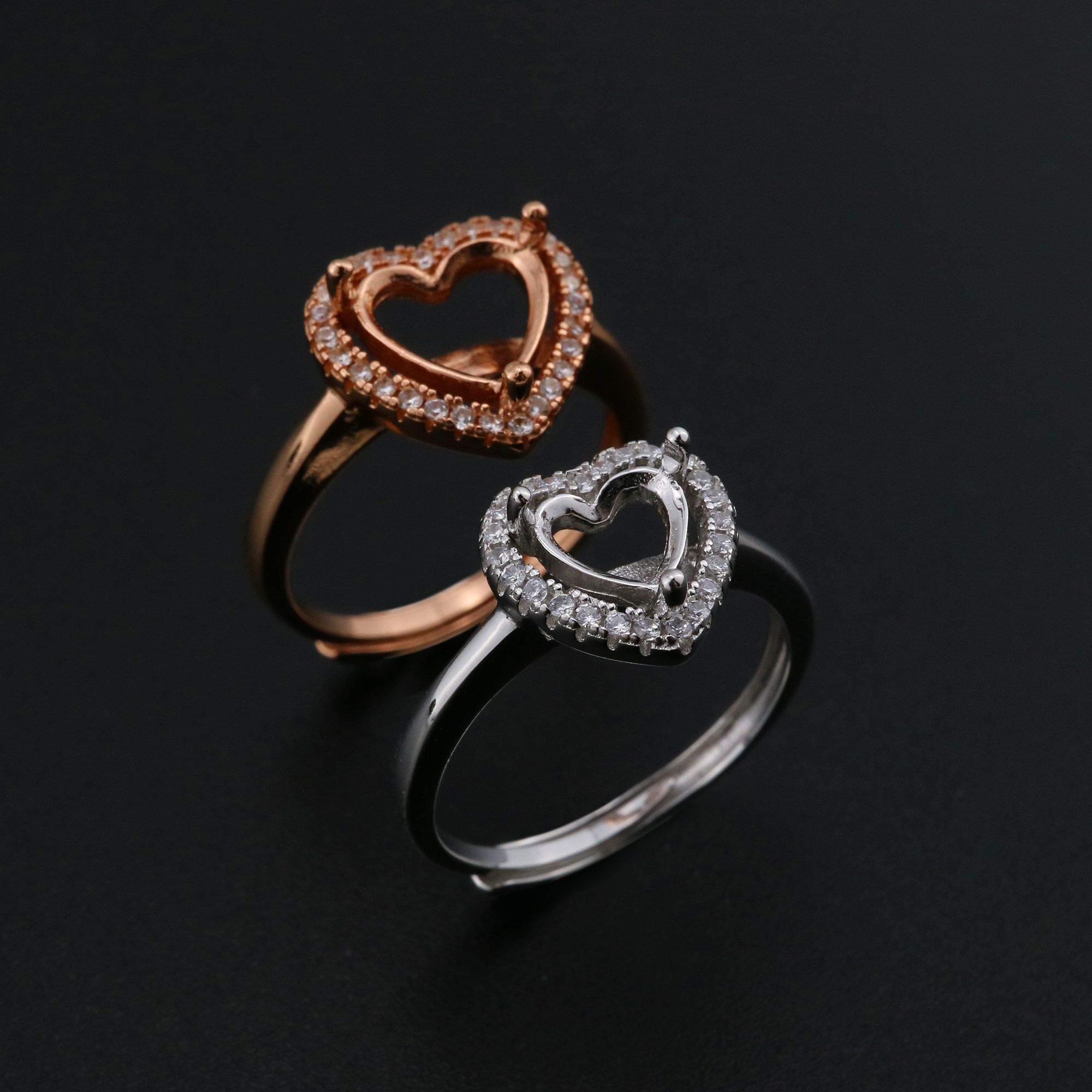 6-8MM Halo Heart Prong Ring Settings Solid 925 Silver Rose Gold Plated DIY Adjustable Ring Bezel for Gemstone Supplies 1294237 - Click Image to Close