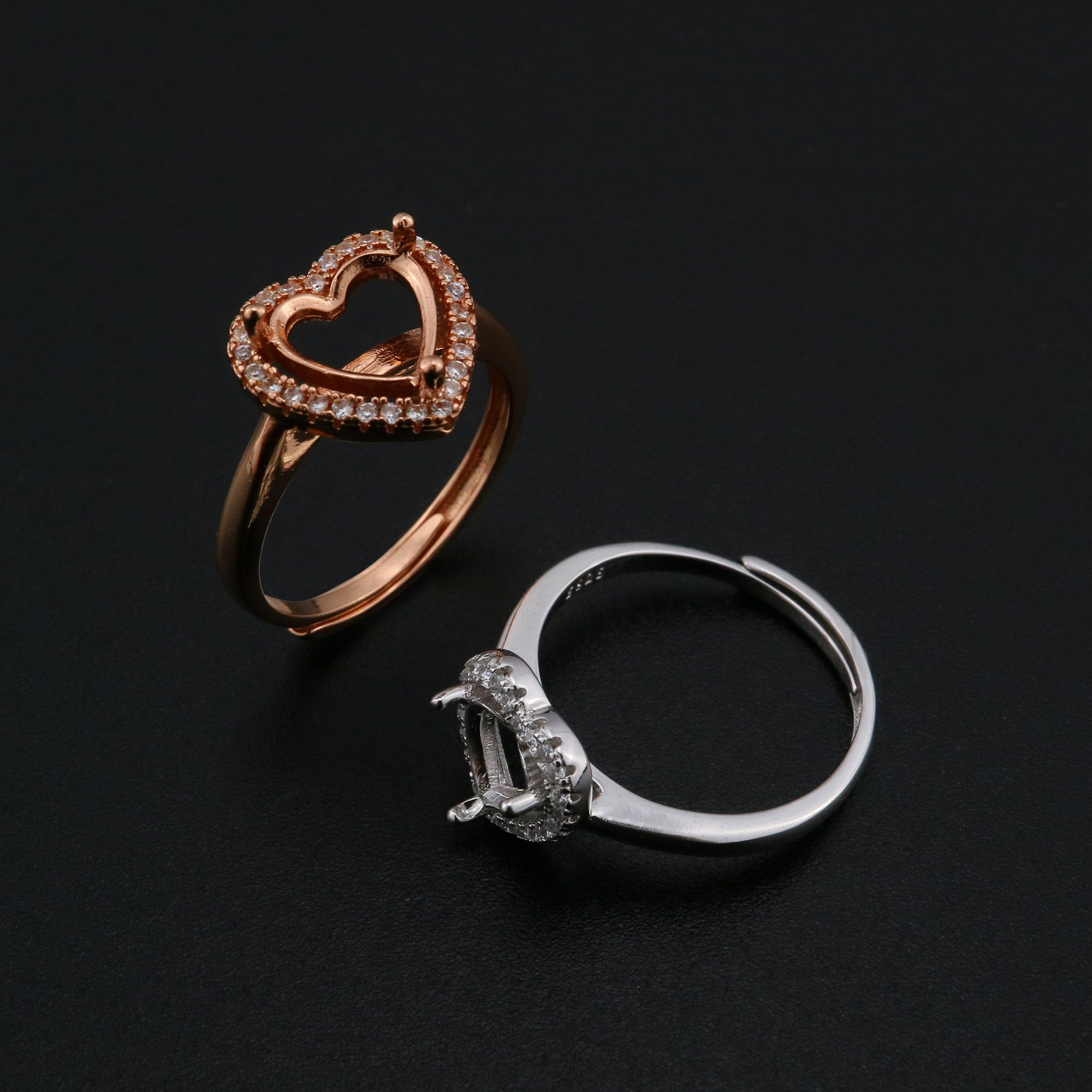 6-8MM Halo Heart Prong Ring Settings Solid 925 Silver Rose Gold Plated DIY Adjustable Ring Bezel for Gemstone Supplies 1294237 - Click Image to Close