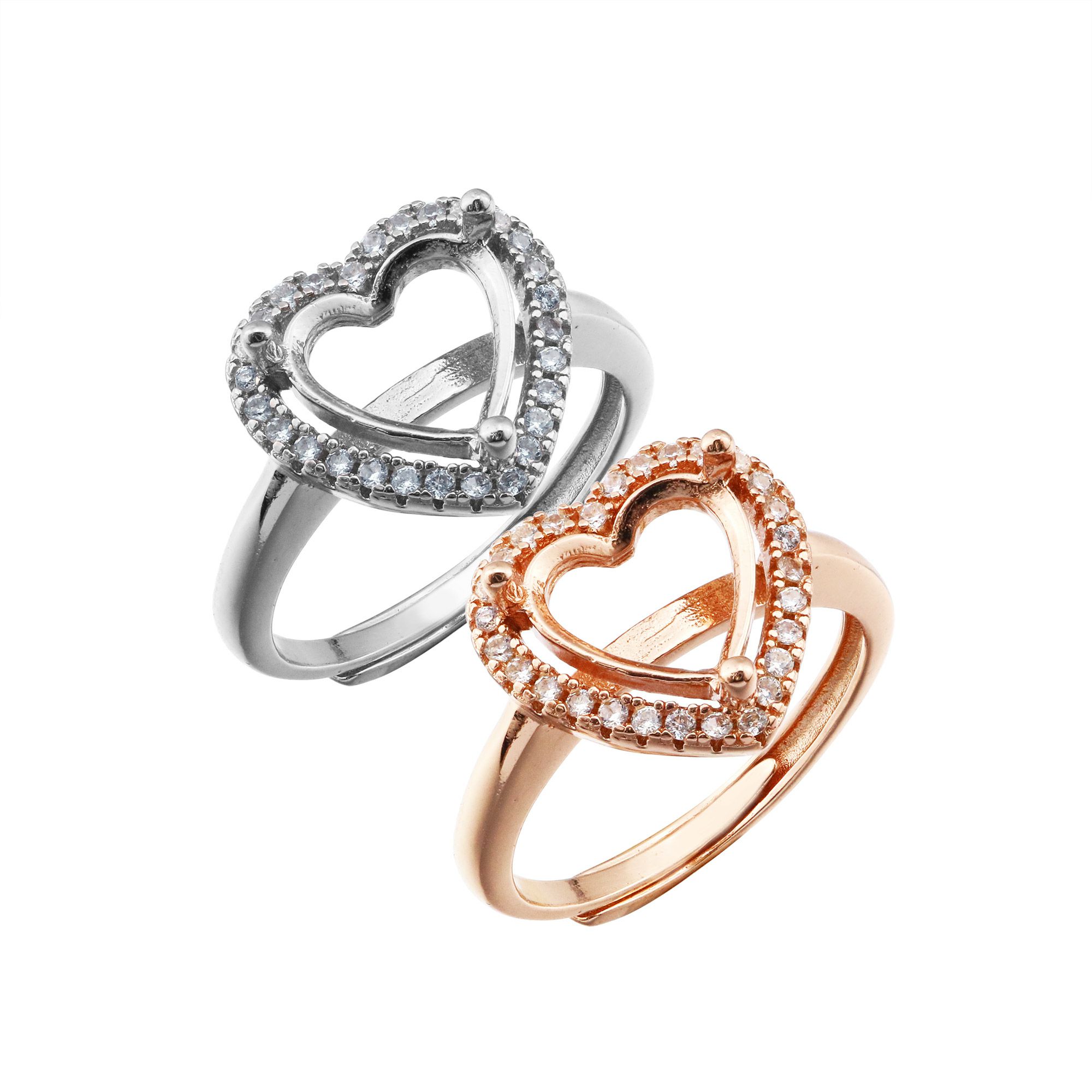 6-8MM Halo Heart Prong Ring Settings Solid 925 Silver Rose Gold Plated DIY Adjustable Ring Bezel for Gemstone Supplies 1294237 - Click Image to Close