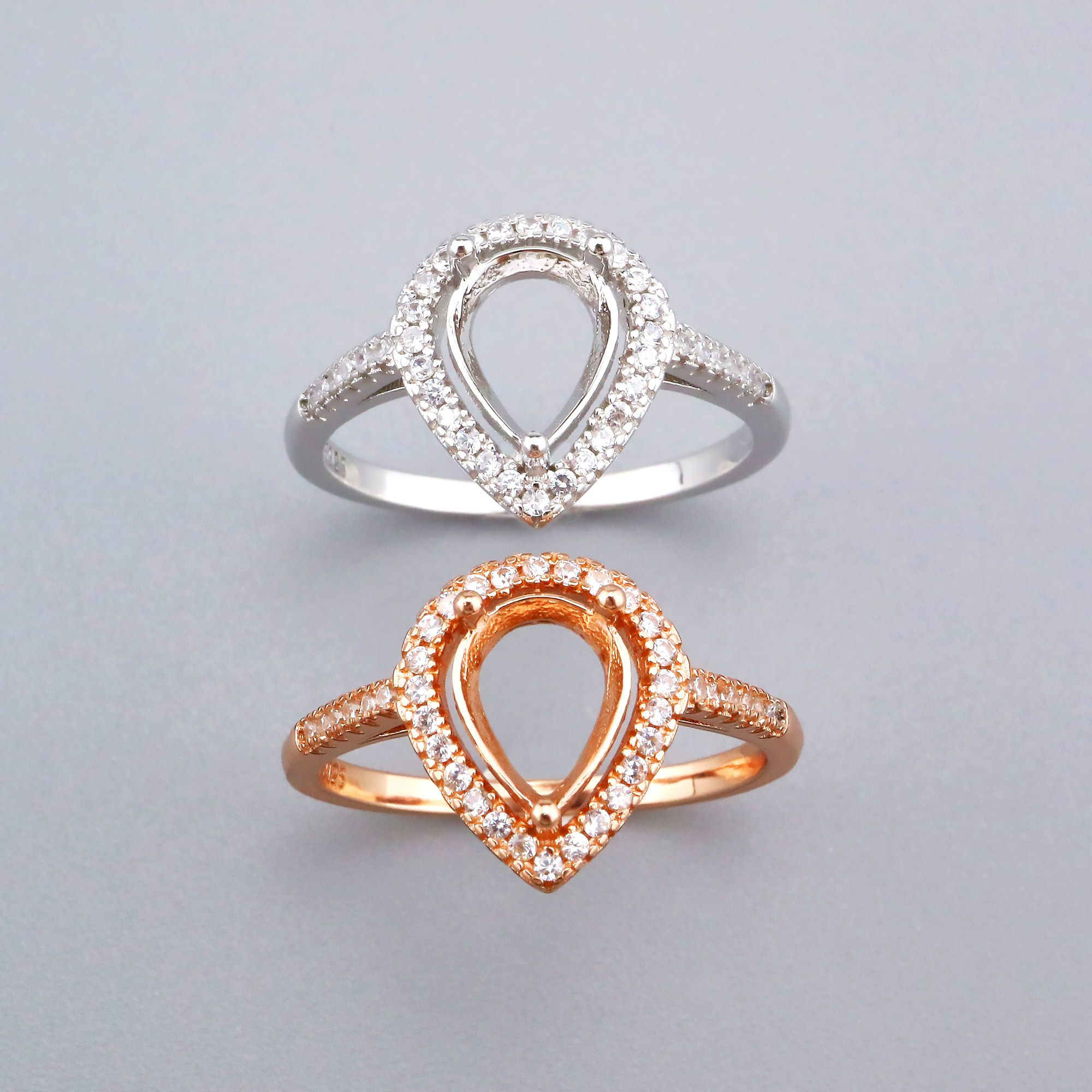 6x8MM Pear Prong Ring Settings Halo Rose Gold Plated Solid 925 Sterling Silver Set Size Ring Bezel for Gemstone 1294240 - Click Image to Close