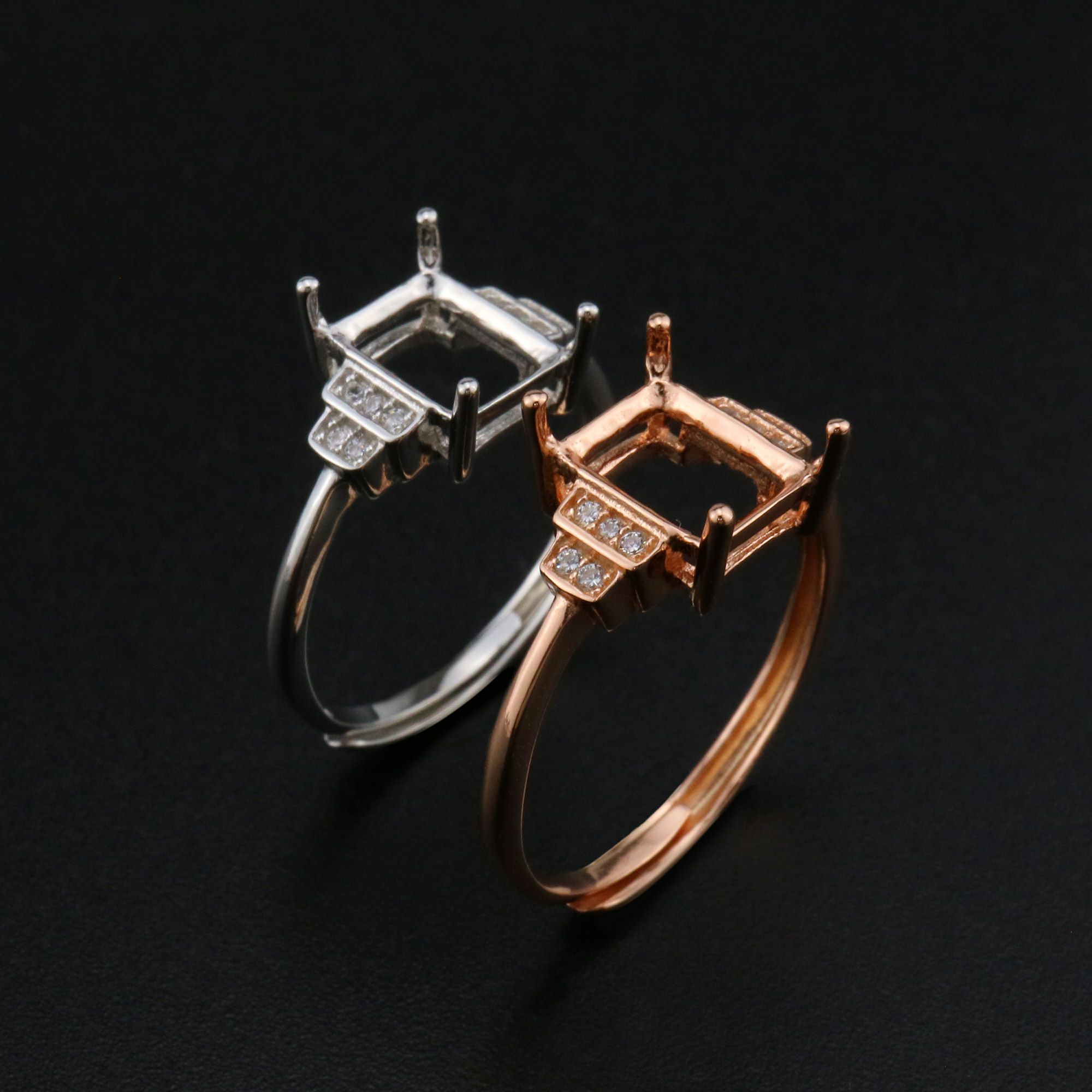 6x8MM Rectangle Prong Ring Settings Vintage Style Rose Gold Plated Solid 925 Sterling Silver Adjustable Ring Bezel for Gemstone 1294242 - Click Image to Close