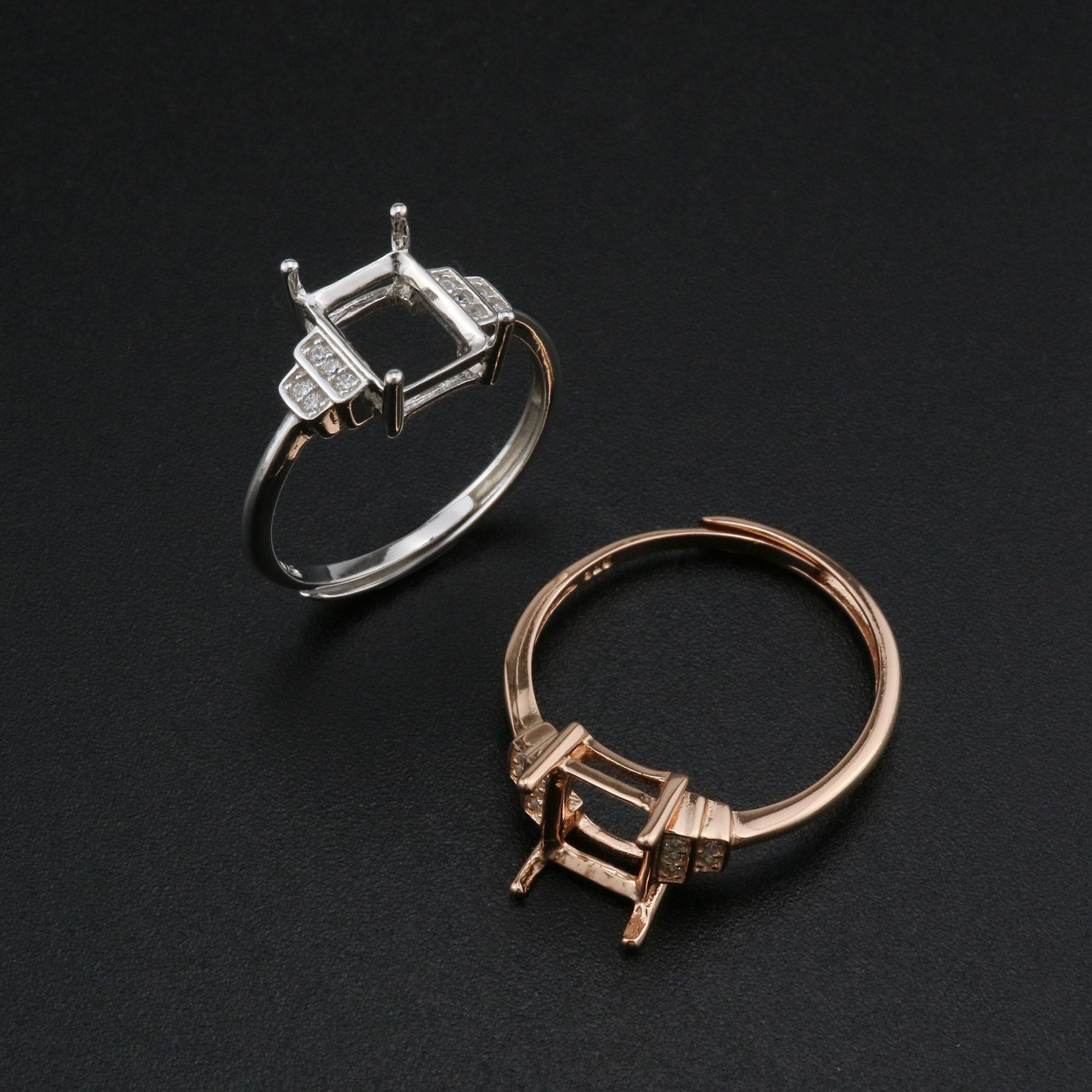 6x8MM Rectangle Prong Ring Settings Vintage Style Rose Gold Plated Solid 925 Sterling Silver Adjustable Ring Bezel for Gemstone 1294242 - Click Image to Close