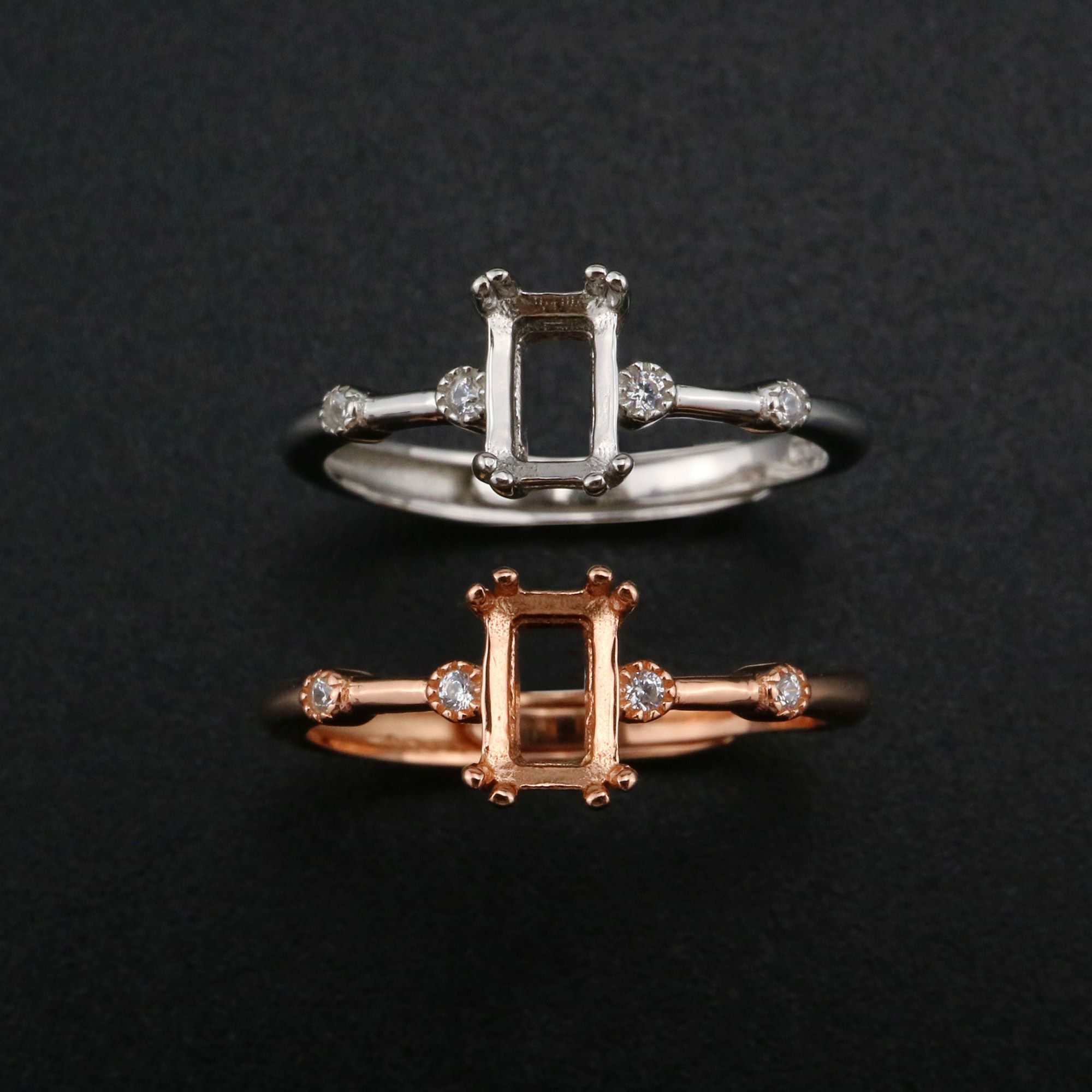 4x6MM Rectangle Prong Ring Settings Vintage Style Rose Gold Plated Solid 925 Sterling Silver Adjustable Ring Bezel for Gemstone 1294243 - Click Image to Close