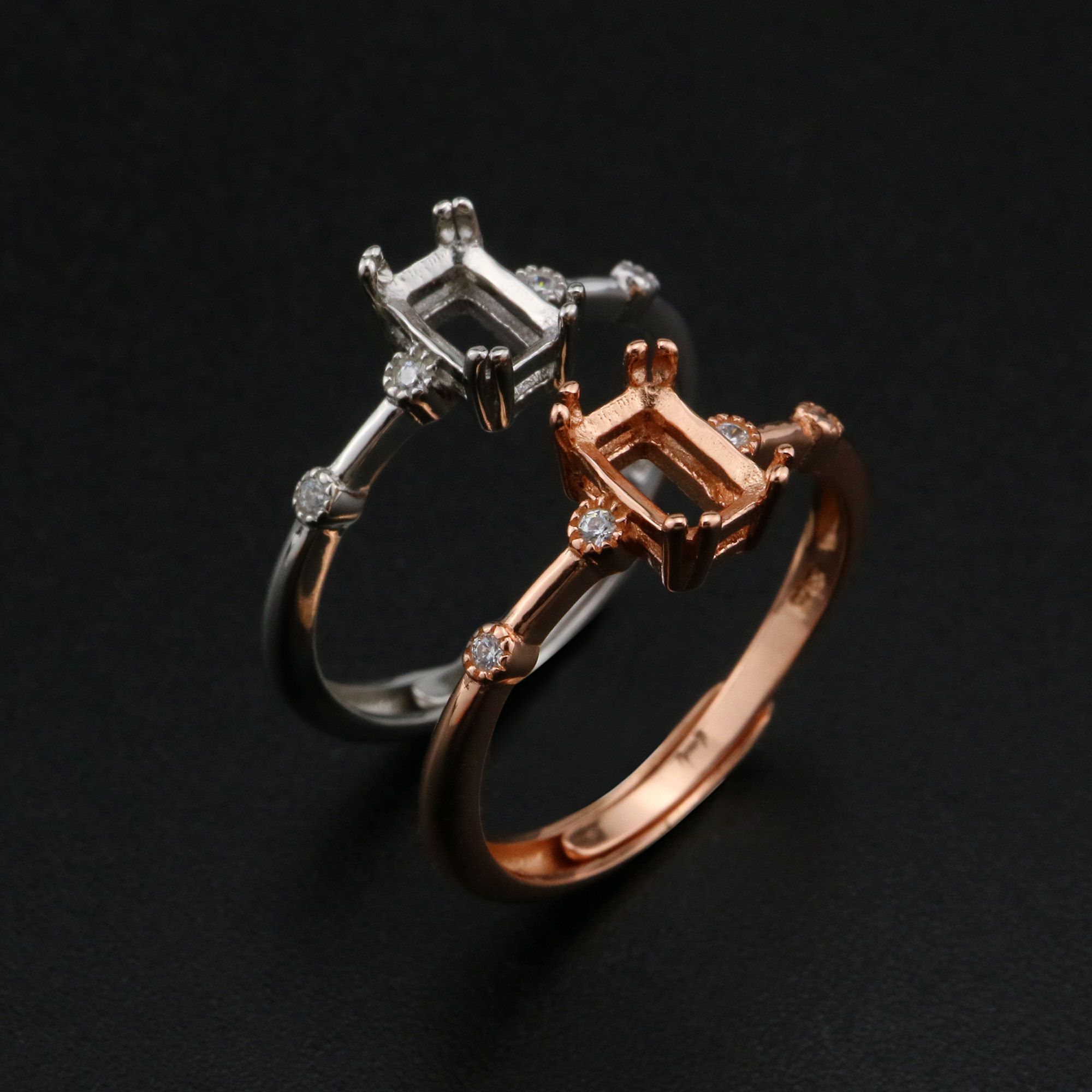 4x6MM Rectangle Prong Ring Settings Vintage Style Rose Gold Plated Solid 925 Sterling Silver Adjustable Ring Bezel for Gemstone 1294243 - Click Image to Close