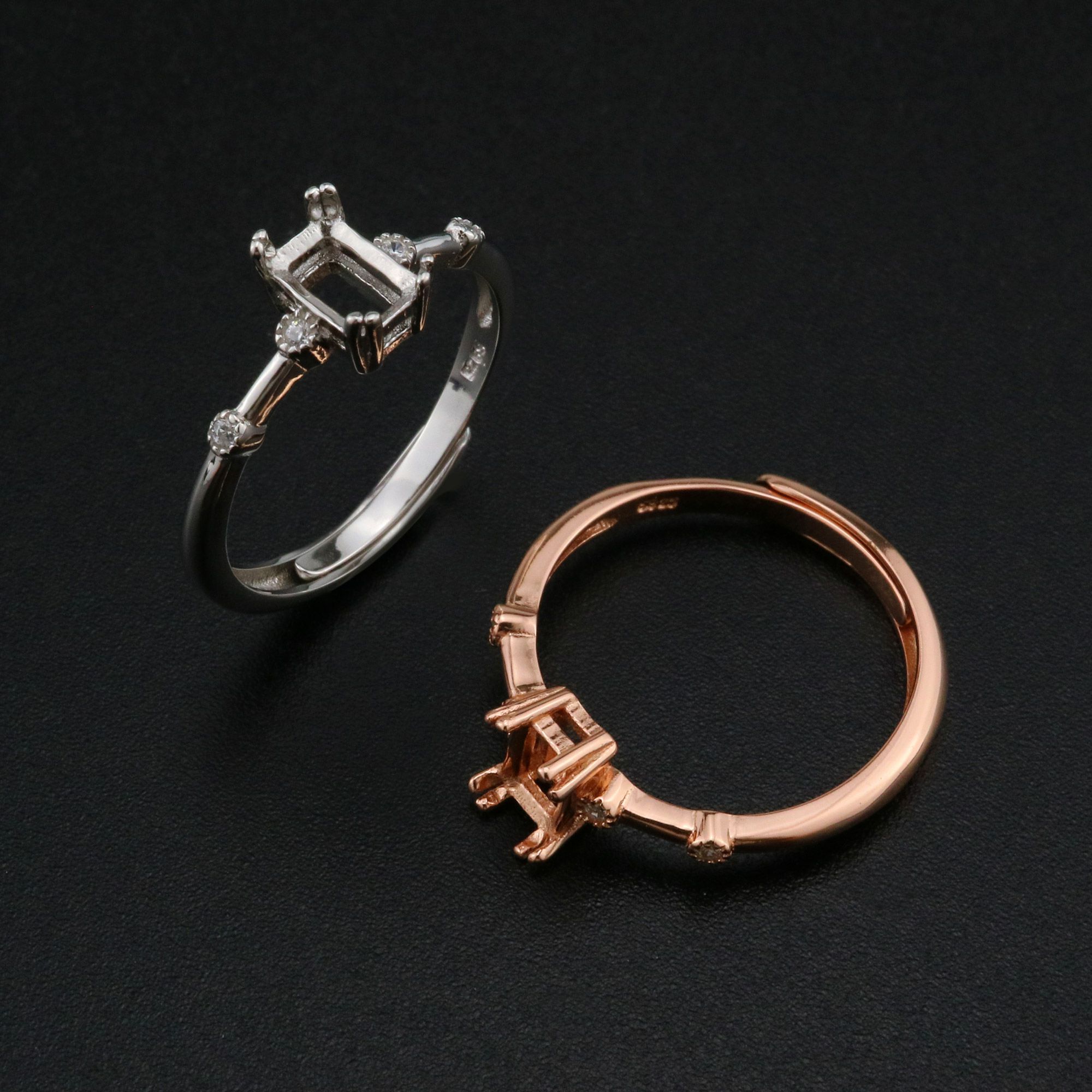 4x6MM Rectangle Prong Ring Settings Vintage Style Rose Gold Plated Solid 925 Sterling Silver Adjustable Ring Bezel for Gemstone 1294243 - Click Image to Close
