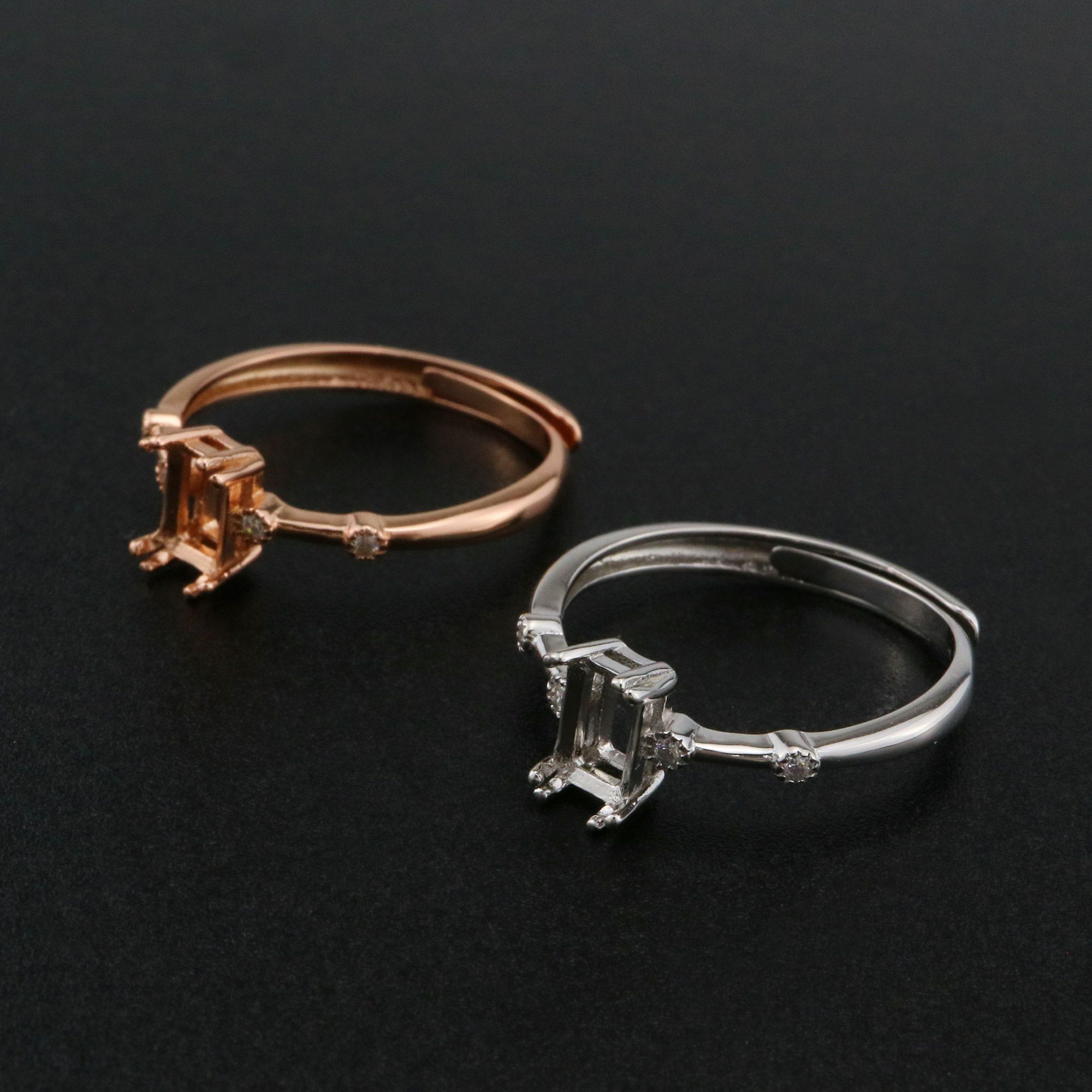 4x6MM Rectangle Prong Ring Settings Vintage Style Rose Gold Plated Solid 925 Sterling Silver Adjustable Ring Bezel for Gemstone 1294243 - Click Image to Close