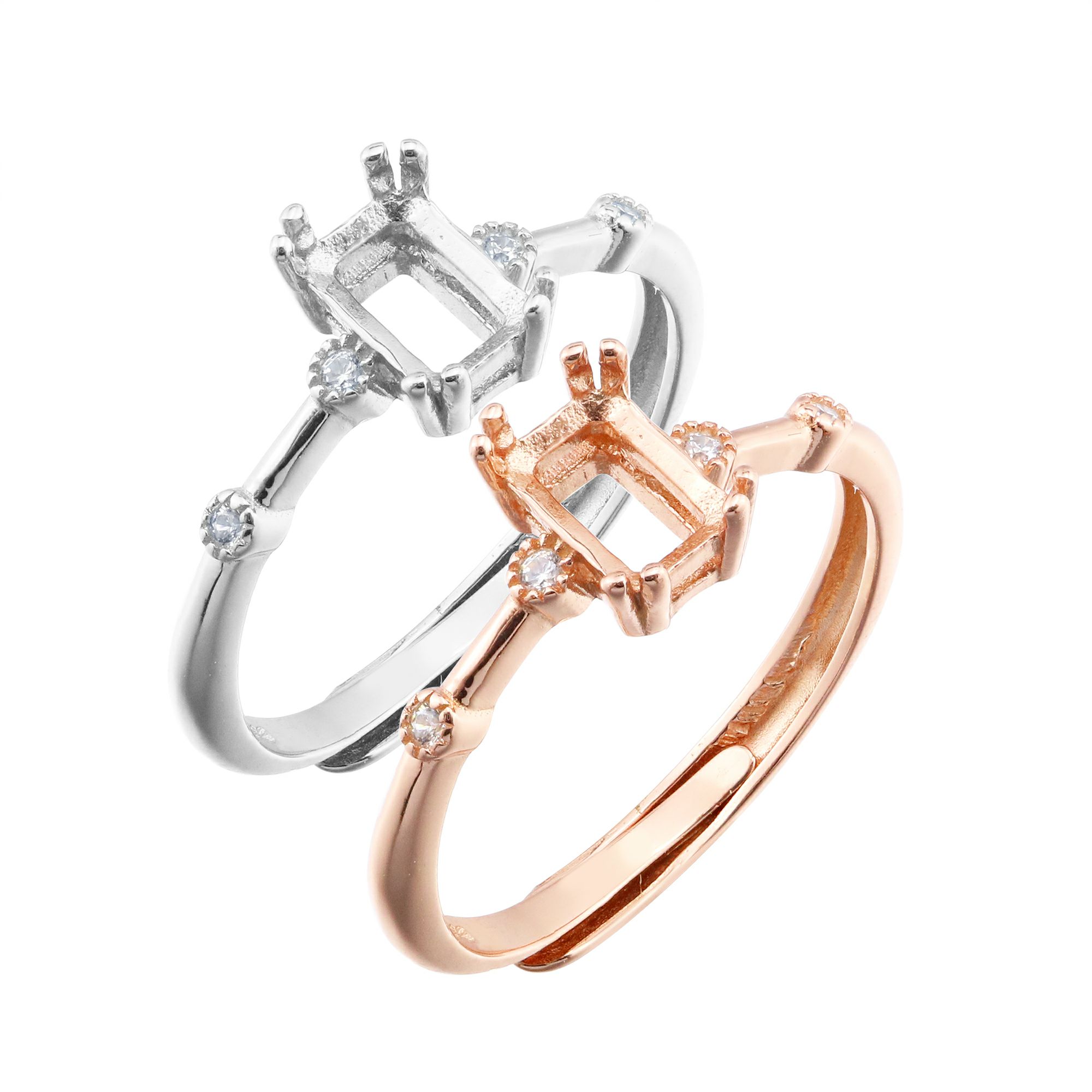 4x6MM Rectangle Prong Ring Settings Vintage Style Rose Gold Plated Solid 925 Sterling Silver Adjustable Ring Bezel for Gemstone 1294243 - Click Image to Close