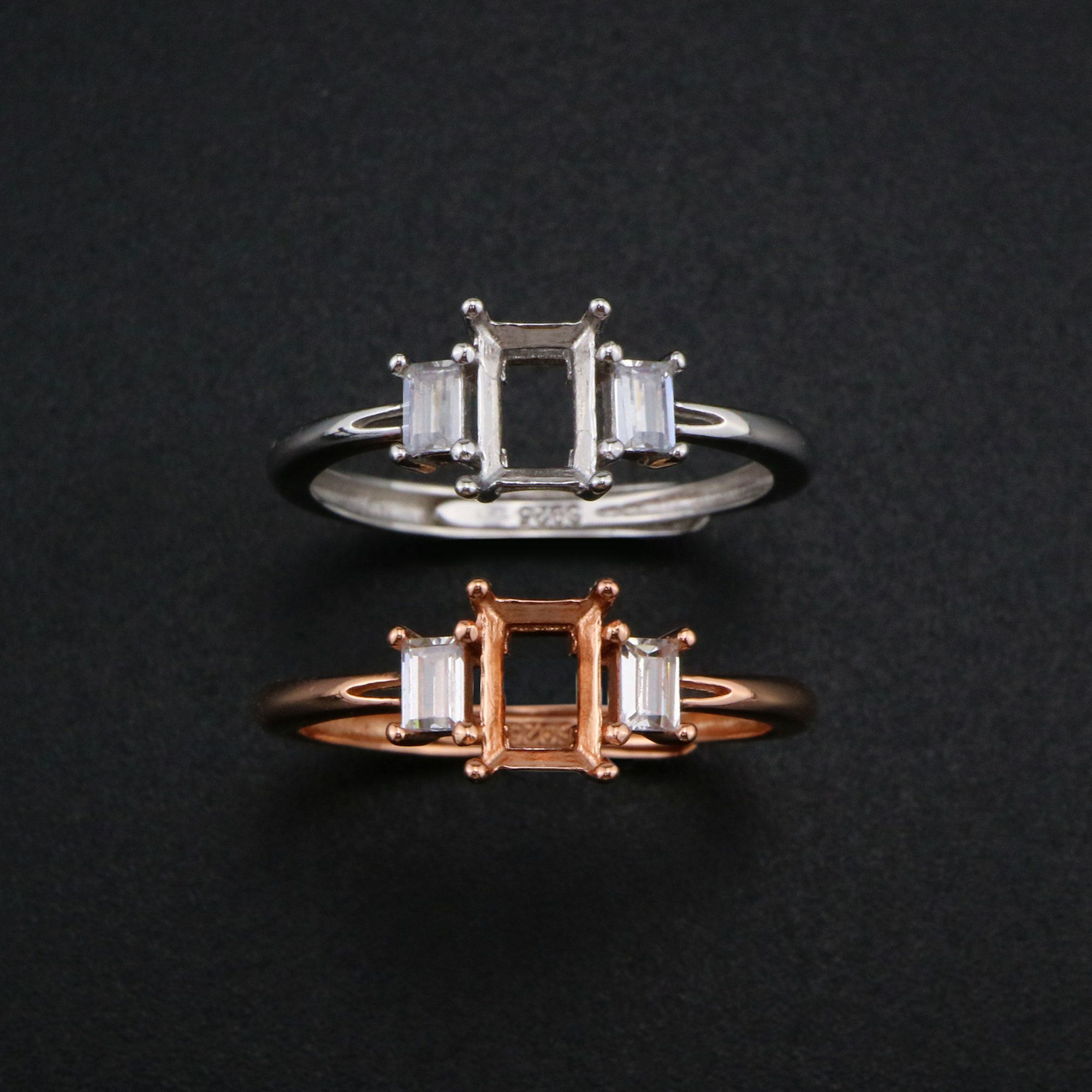 4x6MM Rectangle Prong Ring Settings Three Stone Rose Gold Plated Solid 925 Sterling Silver Adjustable Ring Bezel for Gemstone 1294244 - Click Image to Close