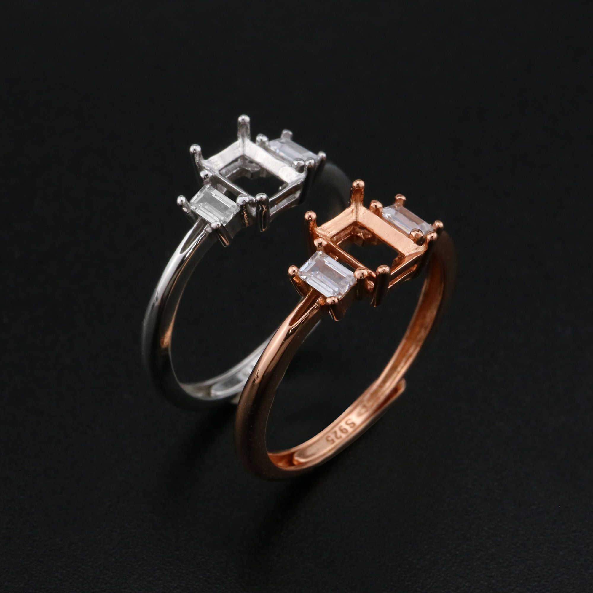 4x6MM Rectangle Prong Ring Settings Three Stone Rose Gold Plated Solid 925 Sterling Silver Adjustable Ring Bezel for Gemstone 1294244 - Click Image to Close