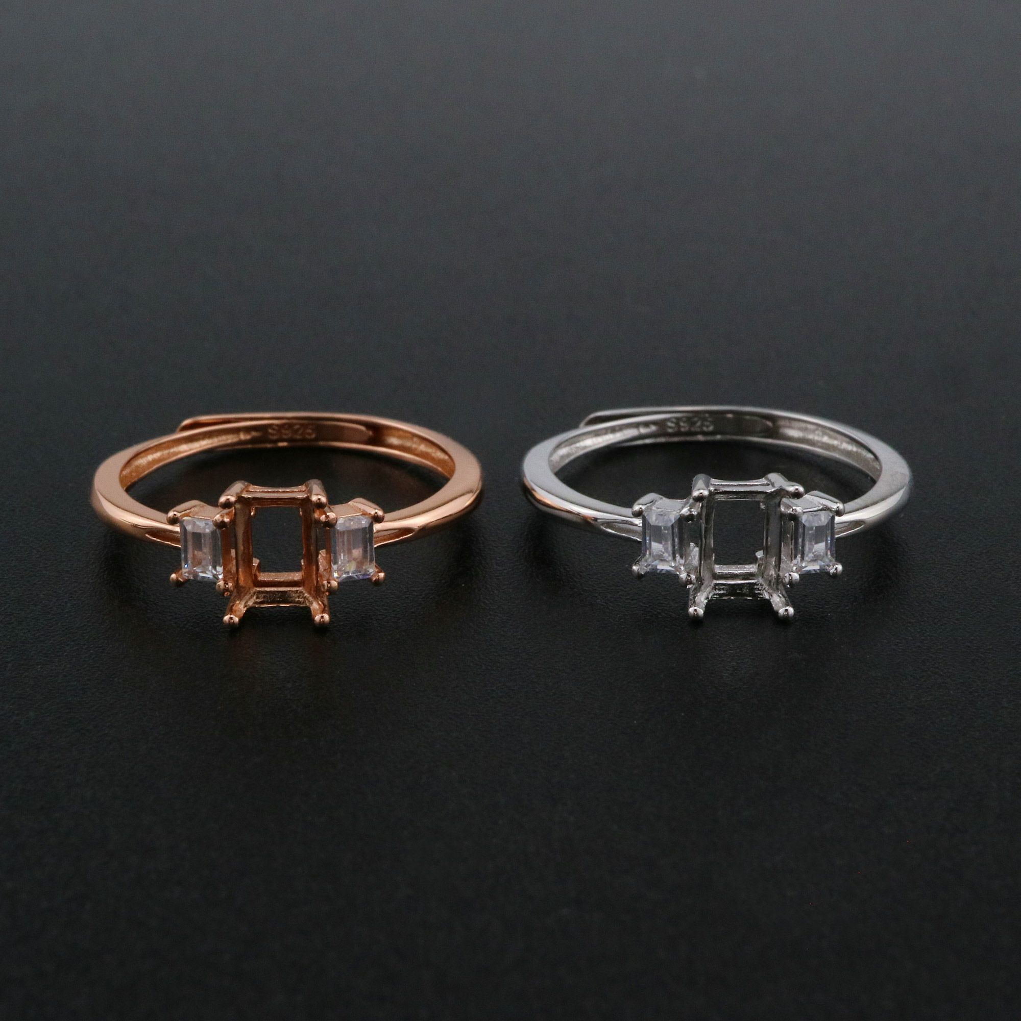 4x6MM Rectangle Prong Ring Settings Three Stone Rose Gold Plated Solid 925 Sterling Silver Adjustable Ring Bezel for Gemstone 1294244 - Click Image to Close