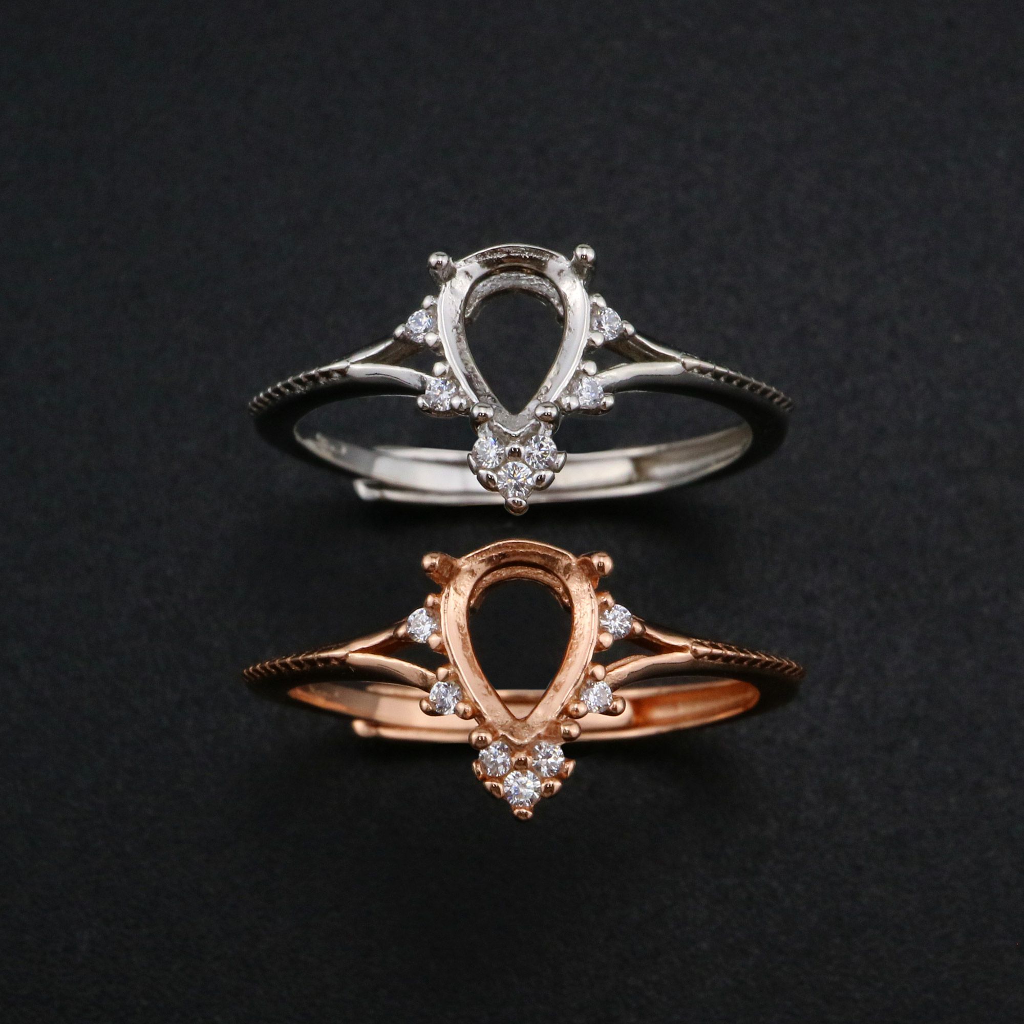 5x7MM Pear Prong Ring Settings Simple Rose Gold Plated Solid 925 Sterling Silver Adjustable Ring Bezel for Gemstone 1294245 - Click Image to Close