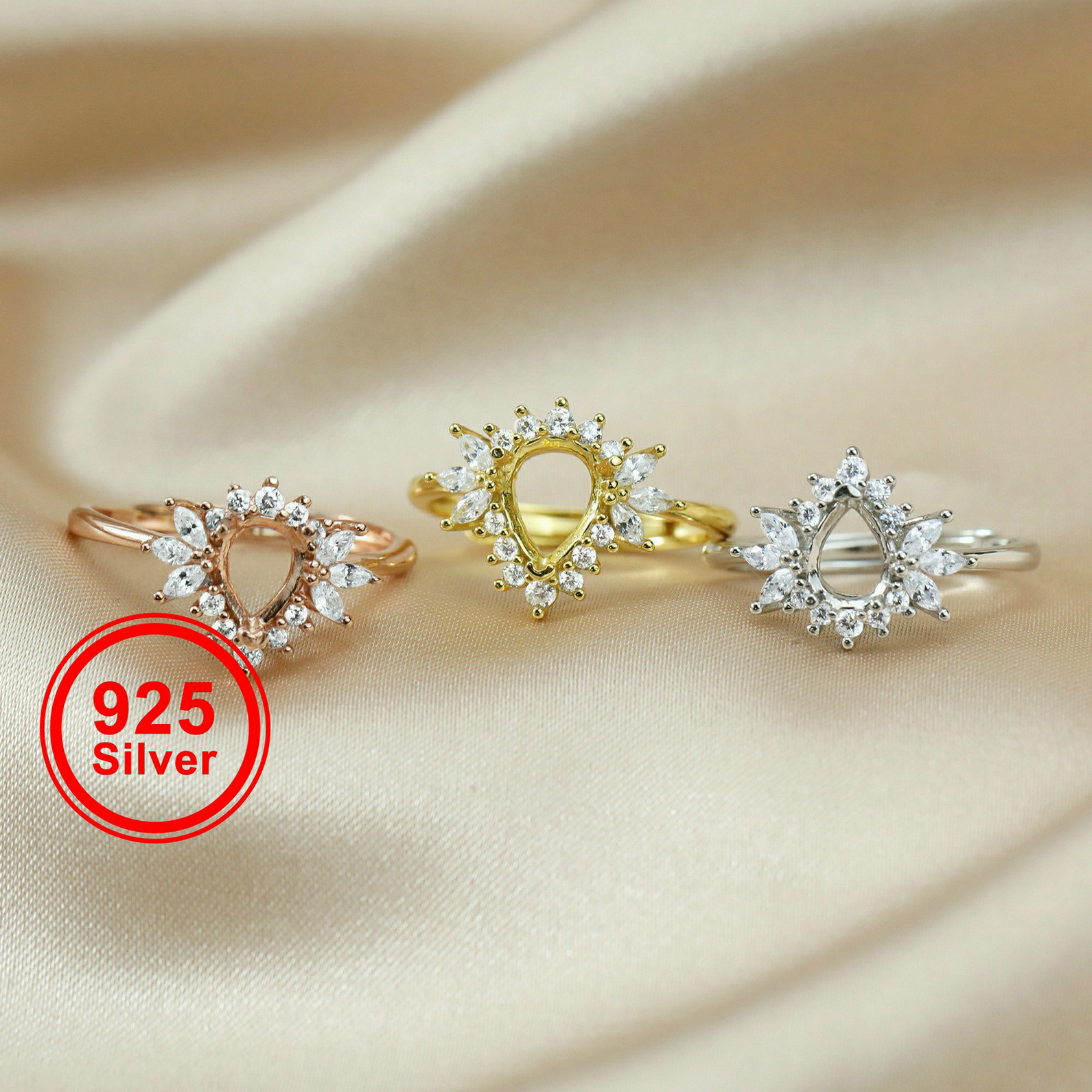 Halo Pear Prong Ring Settings Flower Rose Gold Plated Solid 925 Sterling Silver Adjustable Ring Bezel for Gemstone 1294246