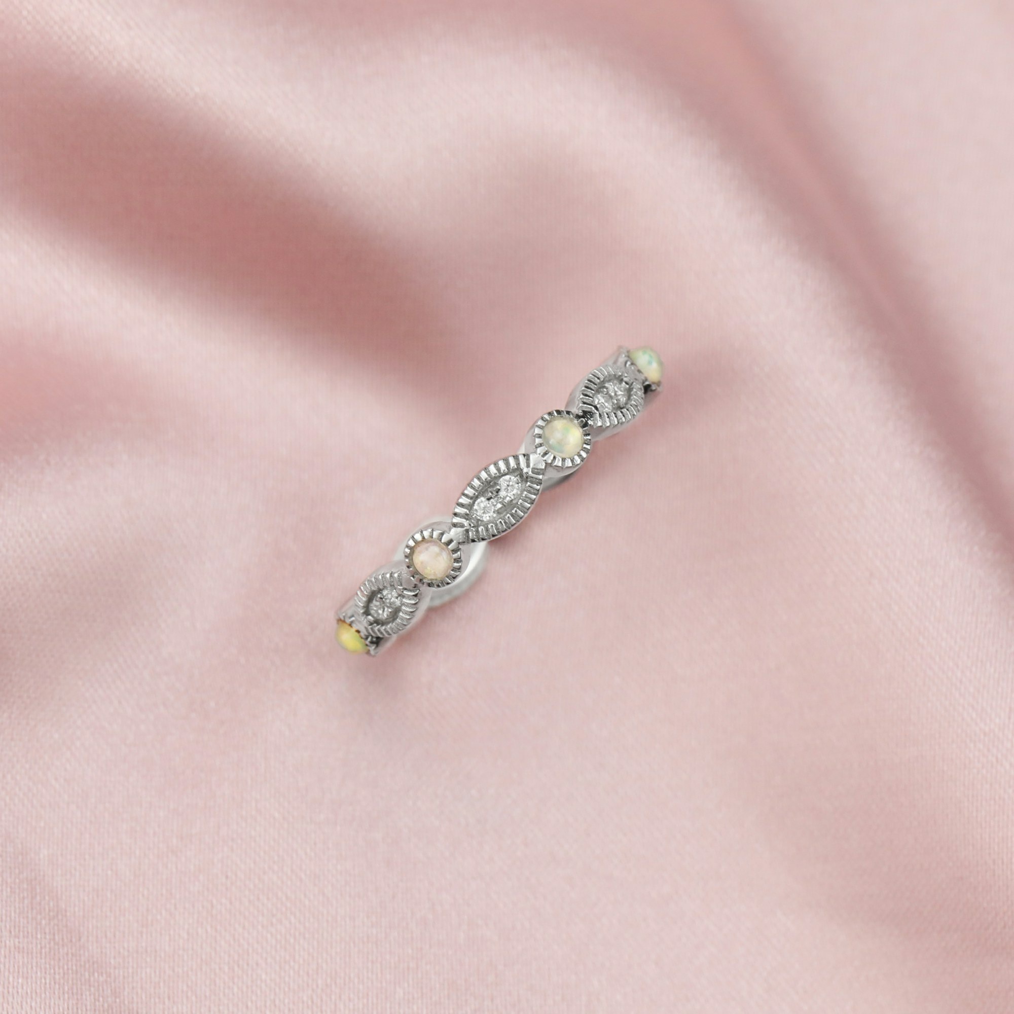 Dainty Natural Opal October Birthstone Stackable Ring Wedding Engagement Band Antiqued Marquise Eternity Ring Solid 14K Gold with Moissanite Diamond 1294251 - Click Image to Close