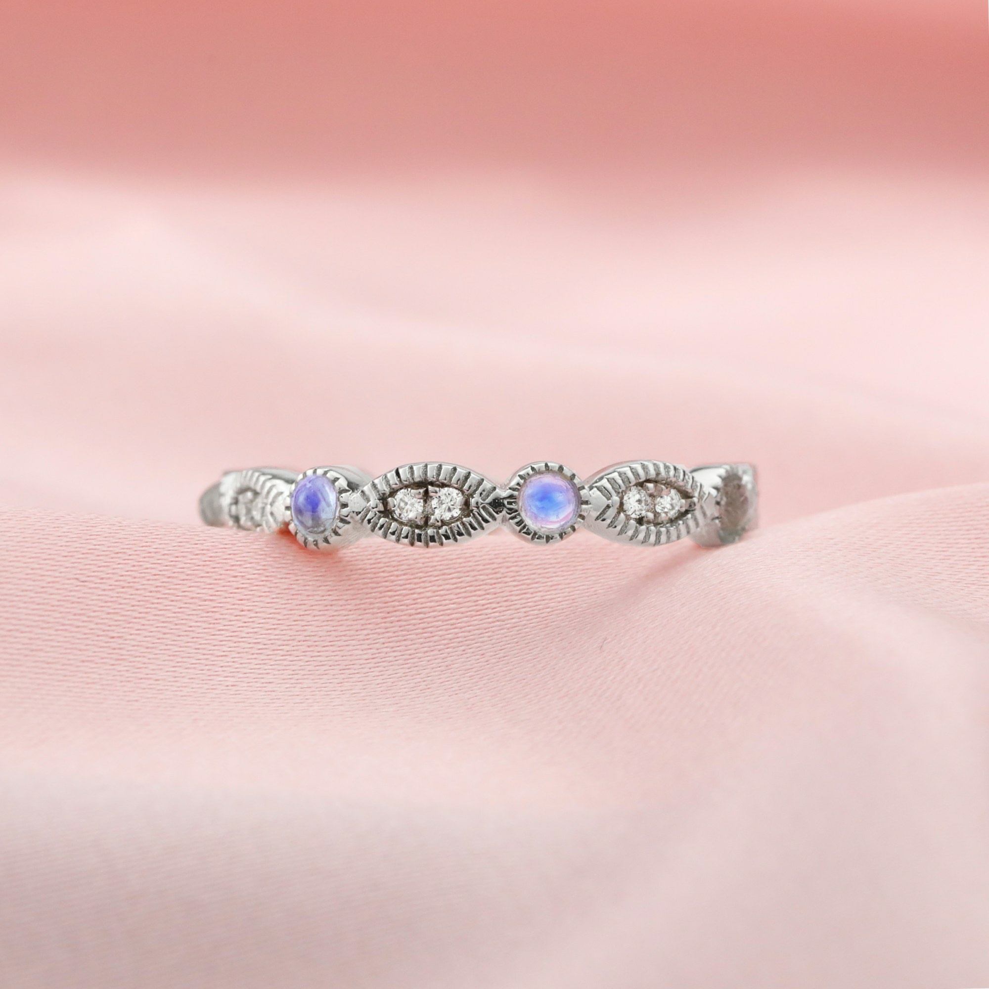 Dainty Natural Moonstone June Birthstone Stackable Ring Wedding Engagement Band Antiqued Marquise Eternity Ring Rose Gold Plated Solid 925 Sterling Silver with Moissanite Diamond 1294252 - Click Image to Close