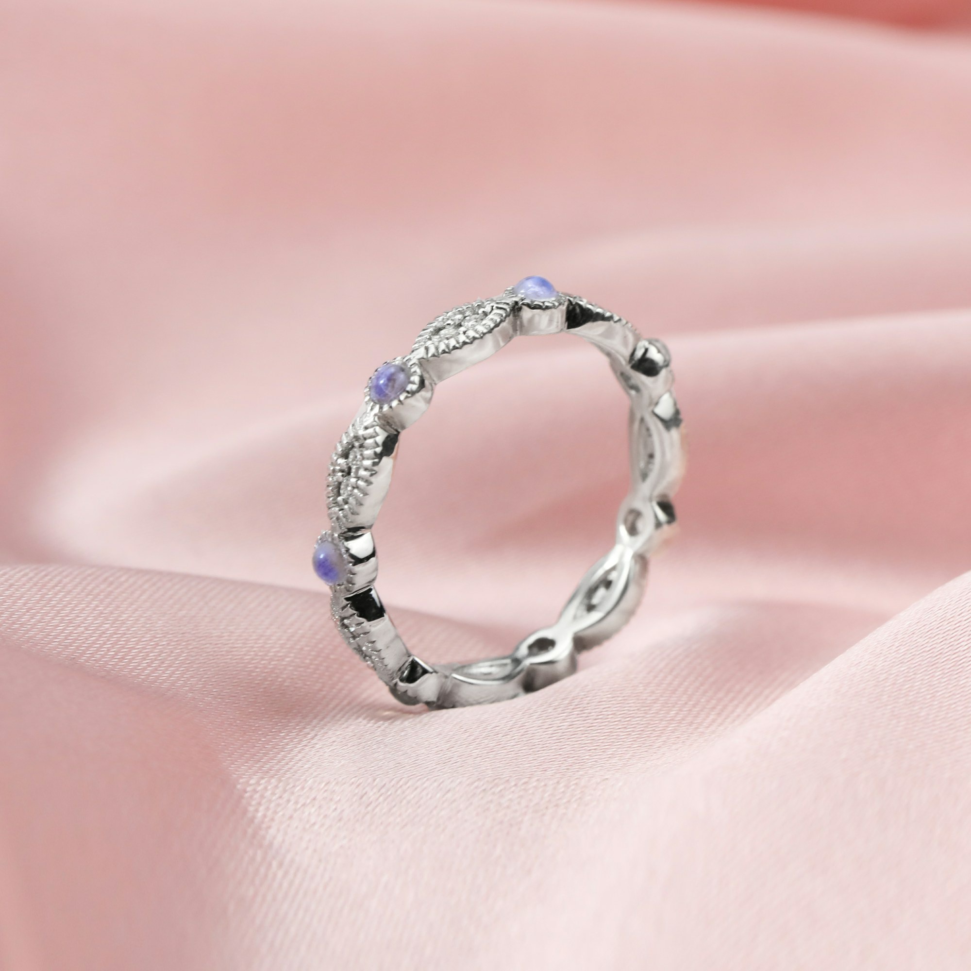 Dainty Natural Moonstone June Birthstone Stackable Ring Wedding Engagement Band Antiqued Marquise Eternity Ring Rose Gold Plated Solid 925 Sterling Silver with Moissanite Diamond 1294252 - Click Image to Close