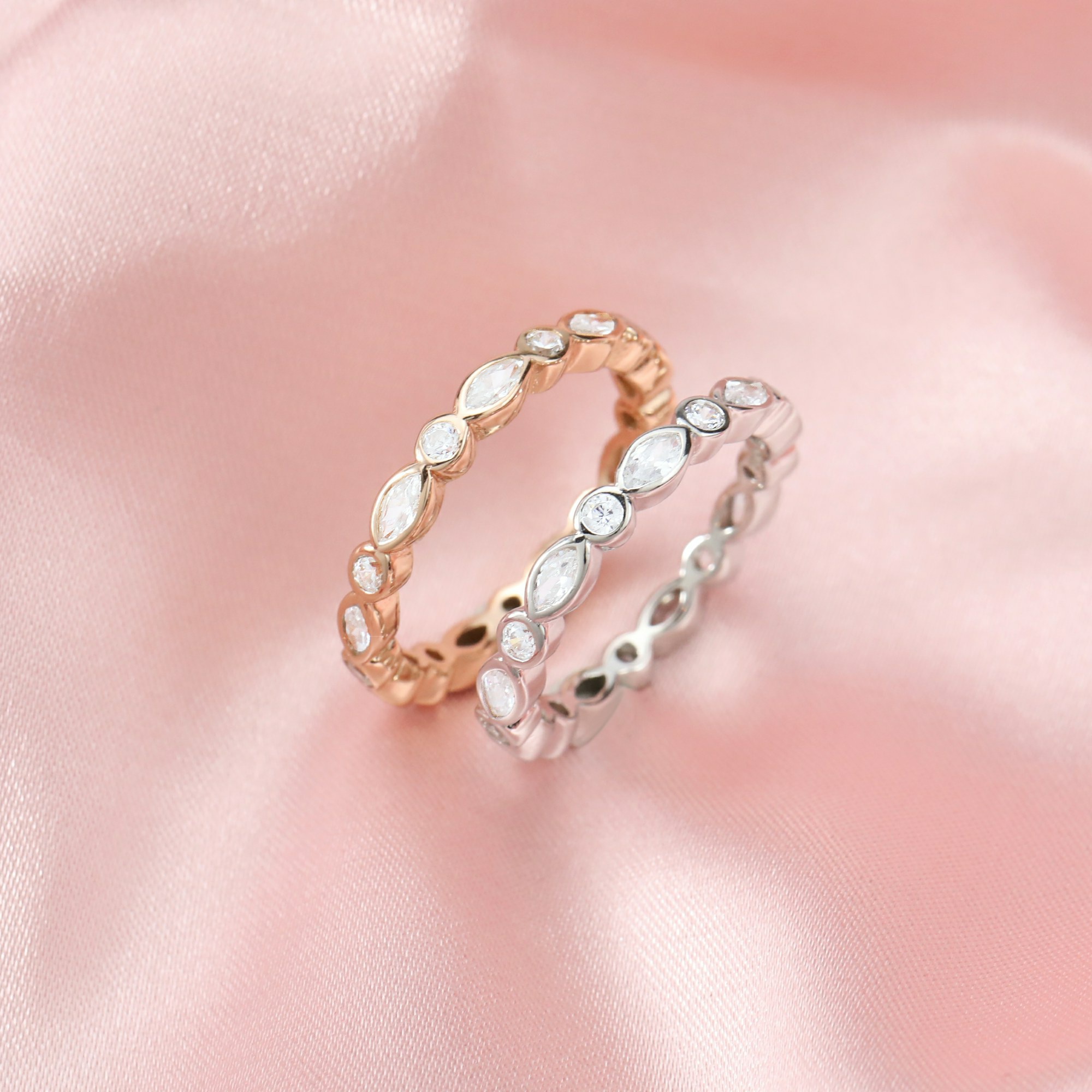 Dainty Moissanite Diamond April Birthstone Stackable Ring Wedding Engagement Band Antiqued Marquise Eternity Ring Rose Gold Plated Solid 925 Sterling Silver 1294253 - Click Image to Close