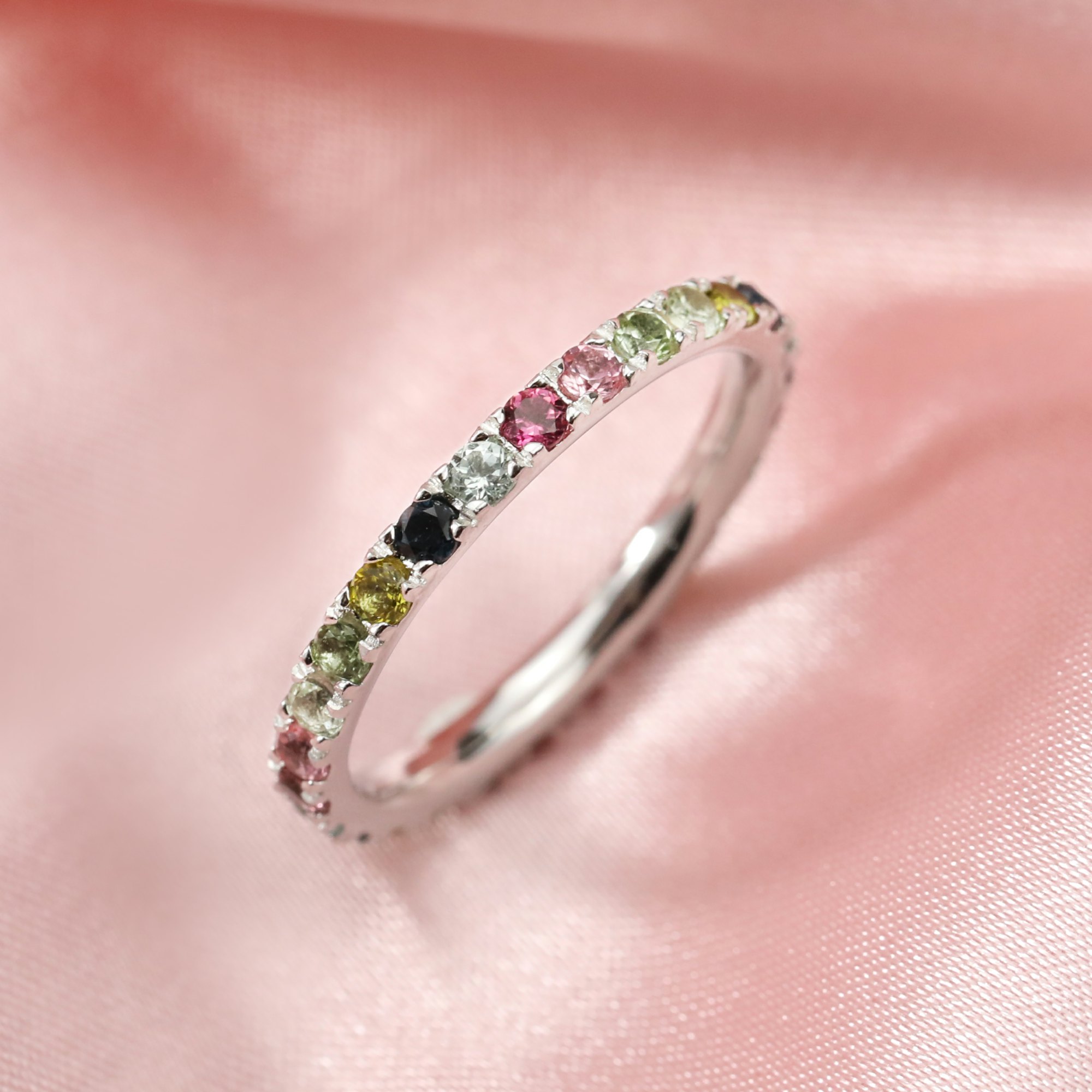 2MM Dainty October Birthstone Eternity Ring Rainbow Tourmaline Wedding Engagement Full Band Stackable Ring Solid 14K Gold Ring 1294292 - Click Image to Close