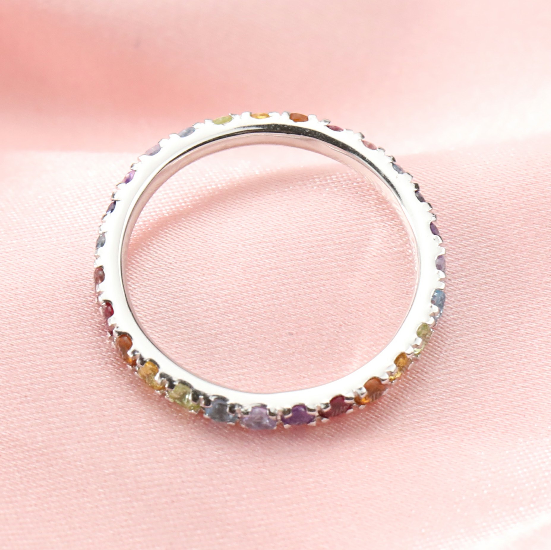 2MM Dainty September Birthstone Eternity Ring Rainbow Sapphire Wedding Engagement Full Band Stackable Ring Solid 14K Gold Ring 1294294 - Click Image to Close
