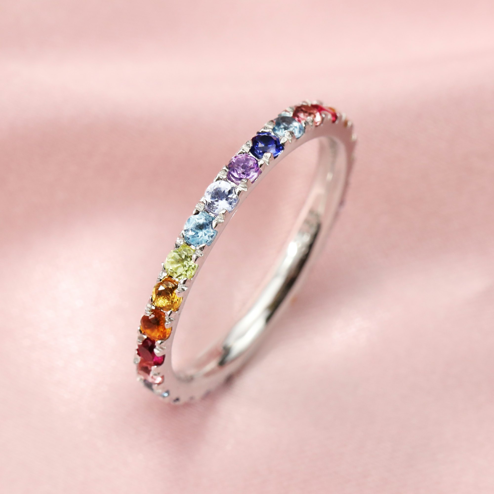 2MM Dainty September Birthstone Eternity Ring Rainbow Sapphire Wedding Engagement Full Band Stackable Ring Solid 14K Gold Ring 1294294 - Click Image to Close