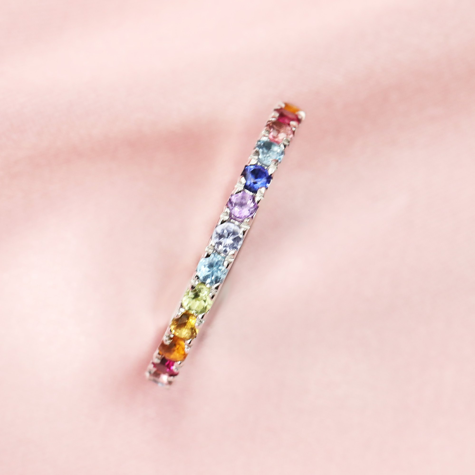 2MM Dainty September Birthstone Eternity Ring Rainbow Sapphire Wedding Engagement Full Band Stackable Ring Solid 14K Gold Ring 1294294 - Click Image to Close