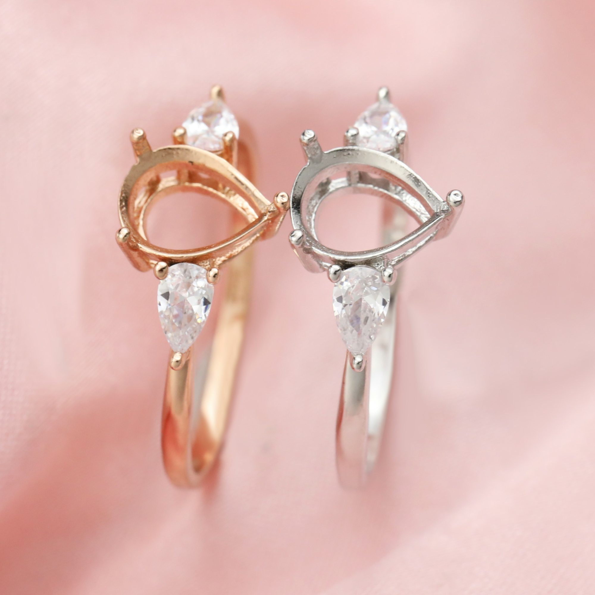 Pear Prong Ring Settings Three Stones Solid 14K/18K Gold Ring with Moissanite Accents DIY Gemstone Ring Bezel 1294313-1