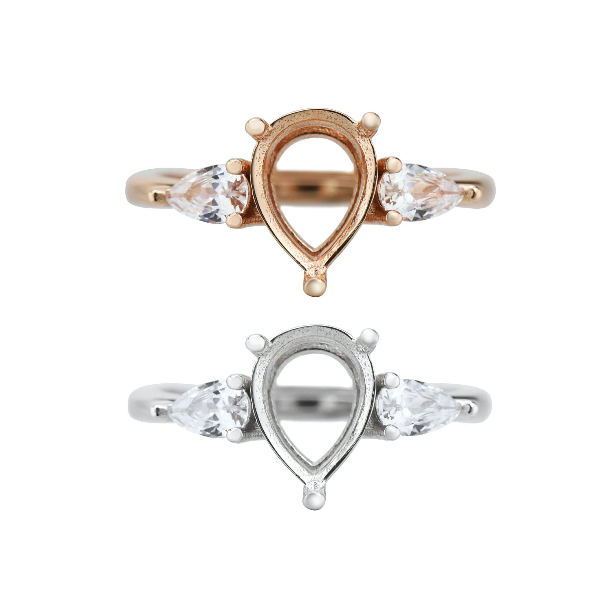 7x9MM Pear Prong Ring Blank Settings Three Stones Bezel Solid 925 Sterling Silver Rose Gold Plated Adjustable Ring Band for Gemstone 1294313 - Click Image to Close