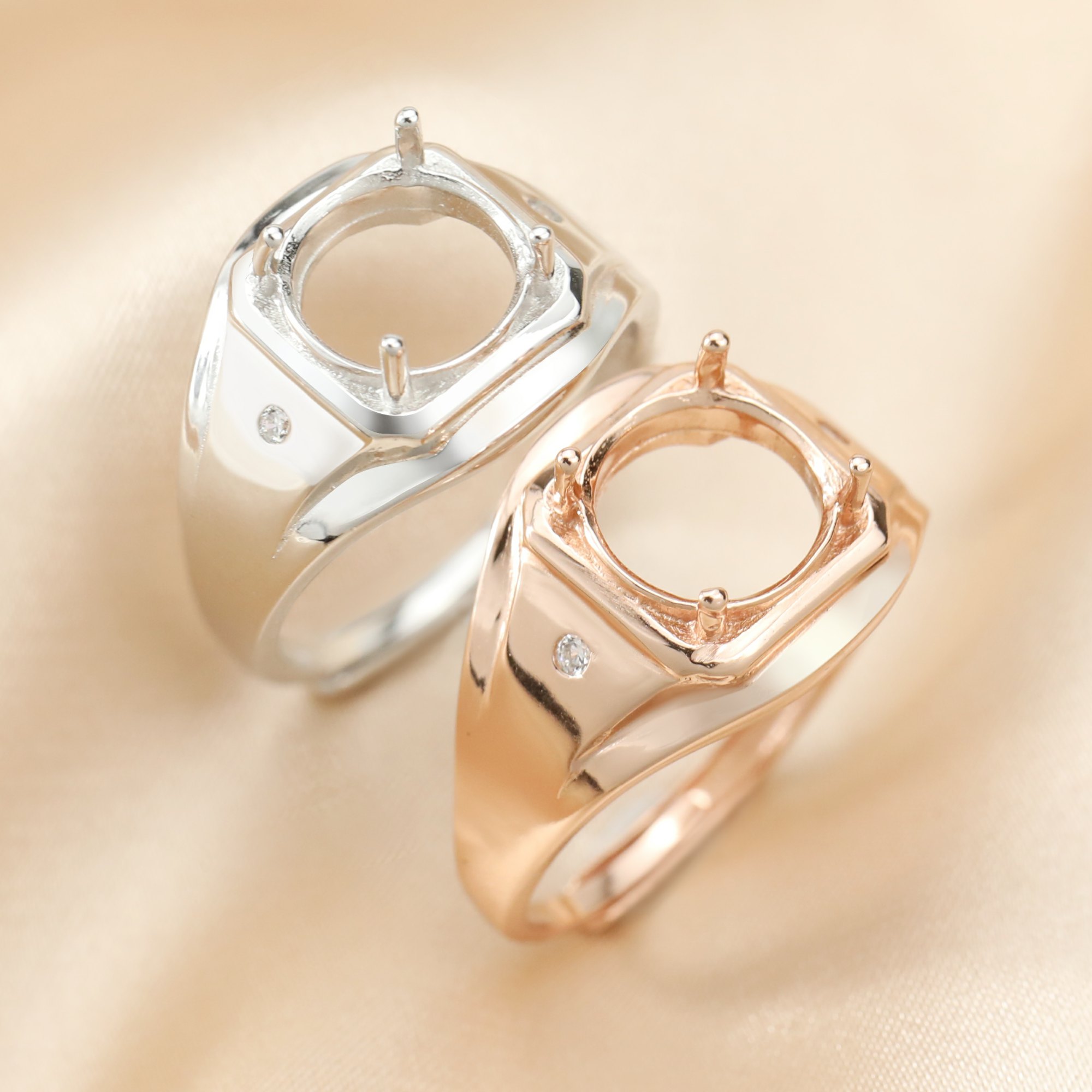 10MM Round Prong Ring Blank Settings Men's Bezel Solid 925 Sterling Silver Rose Gold Plated Adjustable Ring Band for Gemstone 1294315 - Click Image to Close