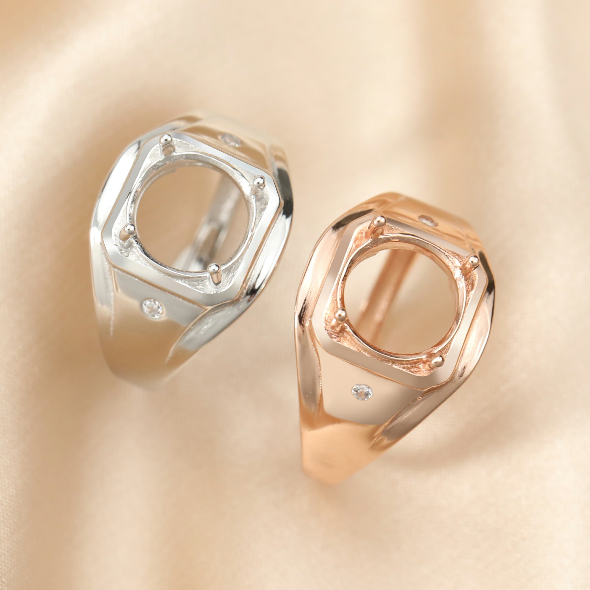 10MM Round Prong Ring Blank Settings Men's Bezel Solid 925 Sterling Silver Rose Gold Plated Adjustable Ring Band for Gemstone 1294315 - Click Image to Close
