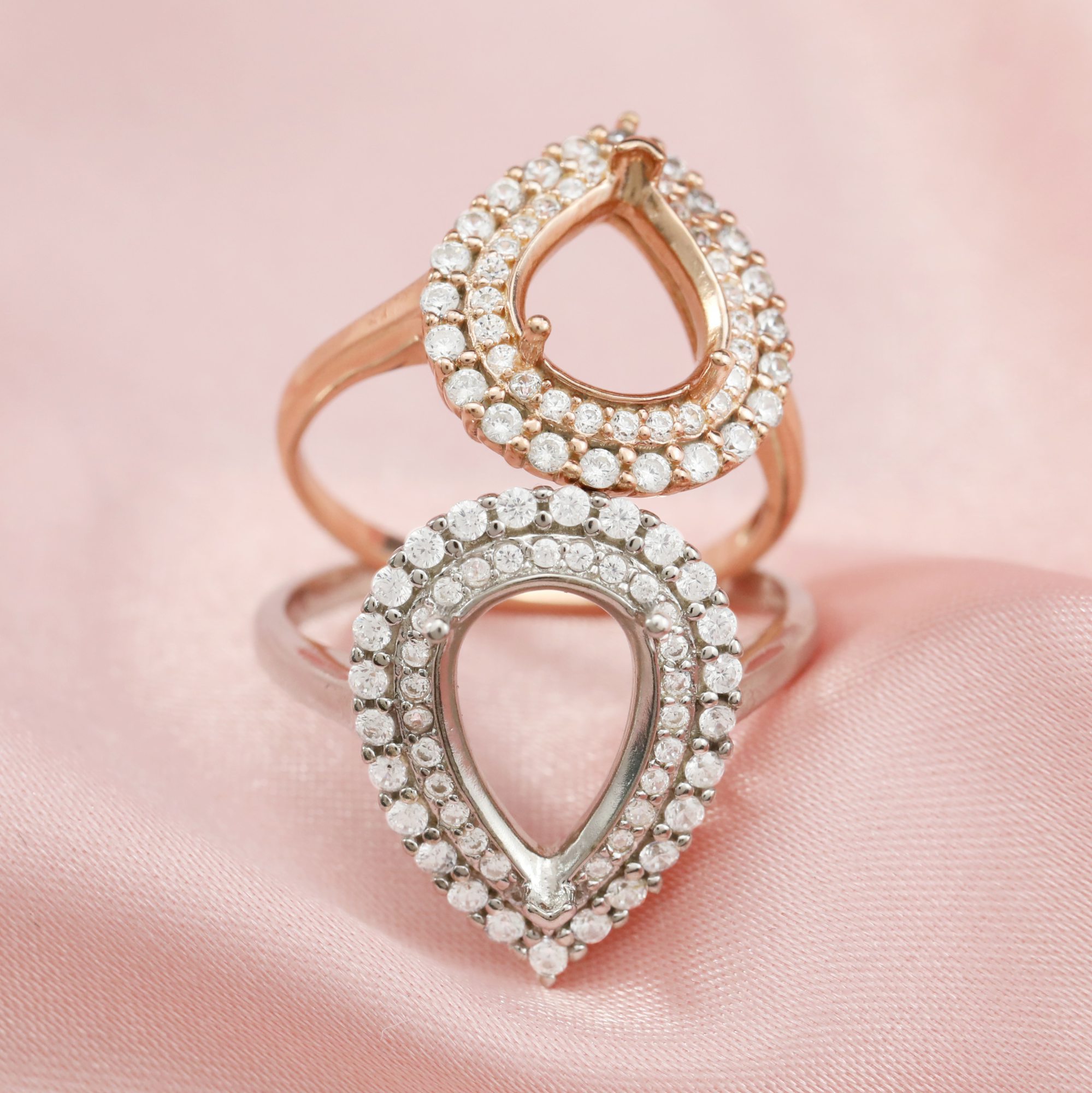 Double Halo Pear Prong Ring Settings Solid 14K/18K Gold Ring with Moissanite Accents DIY Gemstone Ring Bezel 1294316-1
