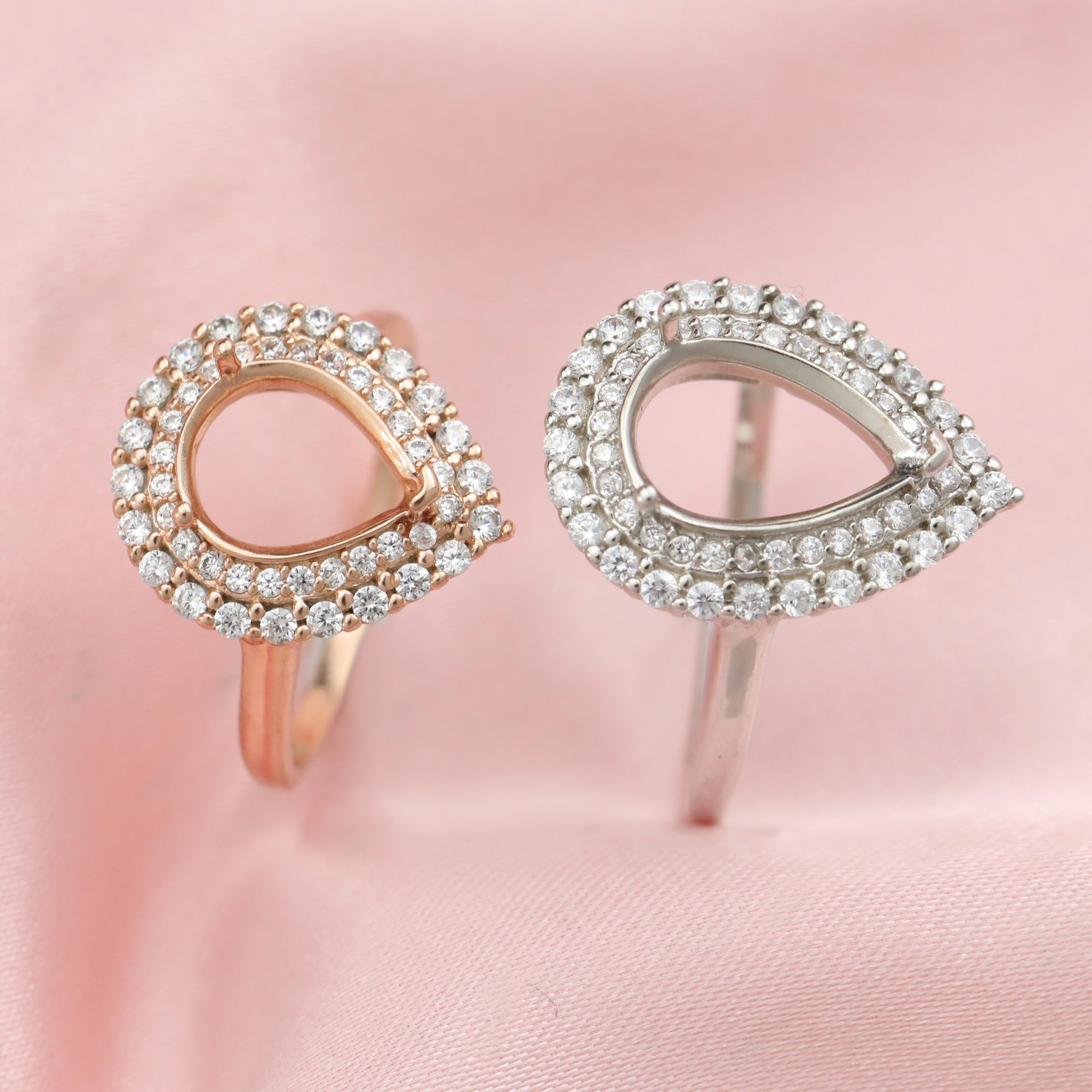 Double Halo Pear Prong Ring Settings Solid 14K/18K Gold Ring with Moissanite Accents DIY Gemstone Ring Bezel 1294316-1