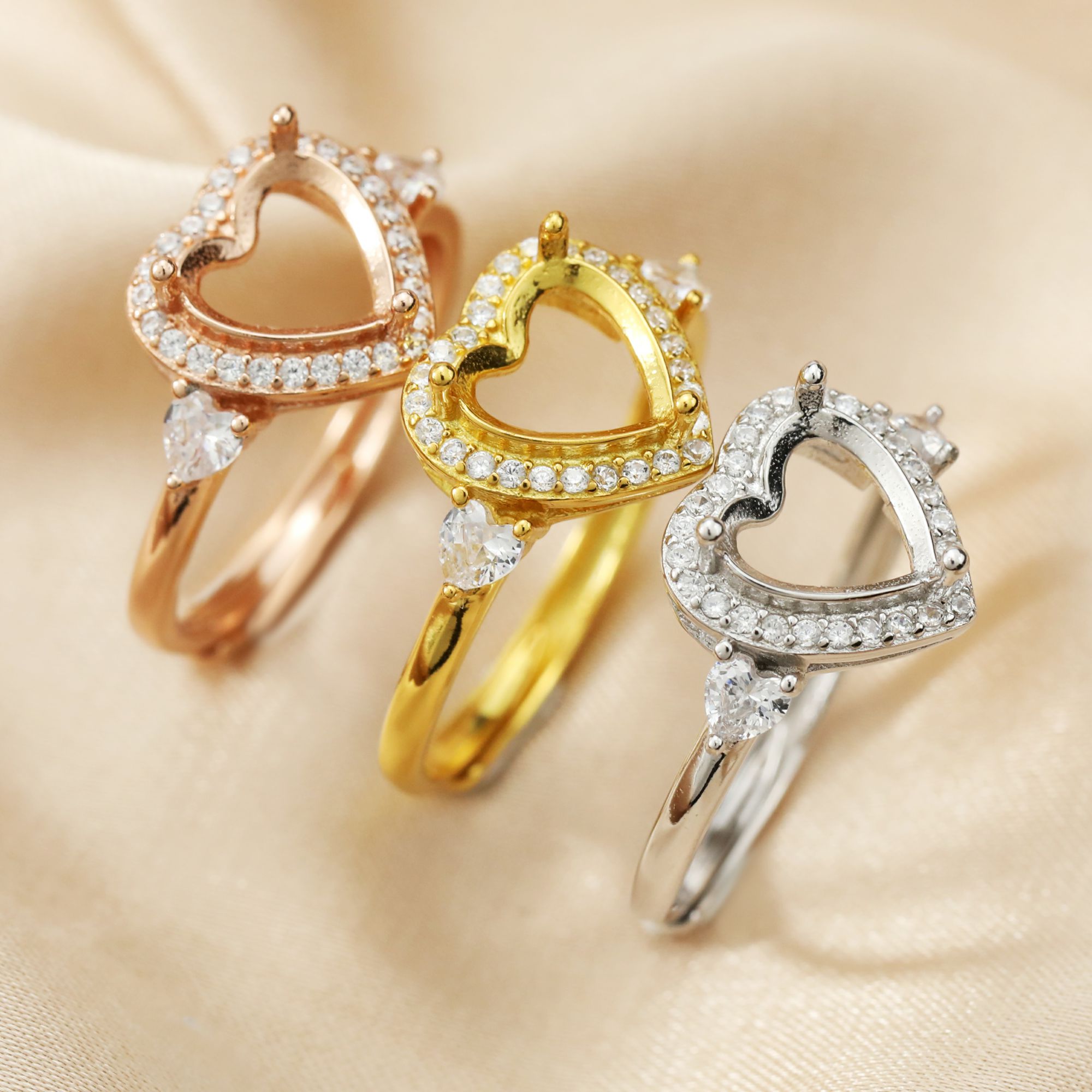 8MM Halo Heart Prong Ring Settings with Heart Side Stone Solid 925 Sterling Silver Rose Gold Plated Ring Bezel for Faceted Stone 1294321 - Click Image to Close