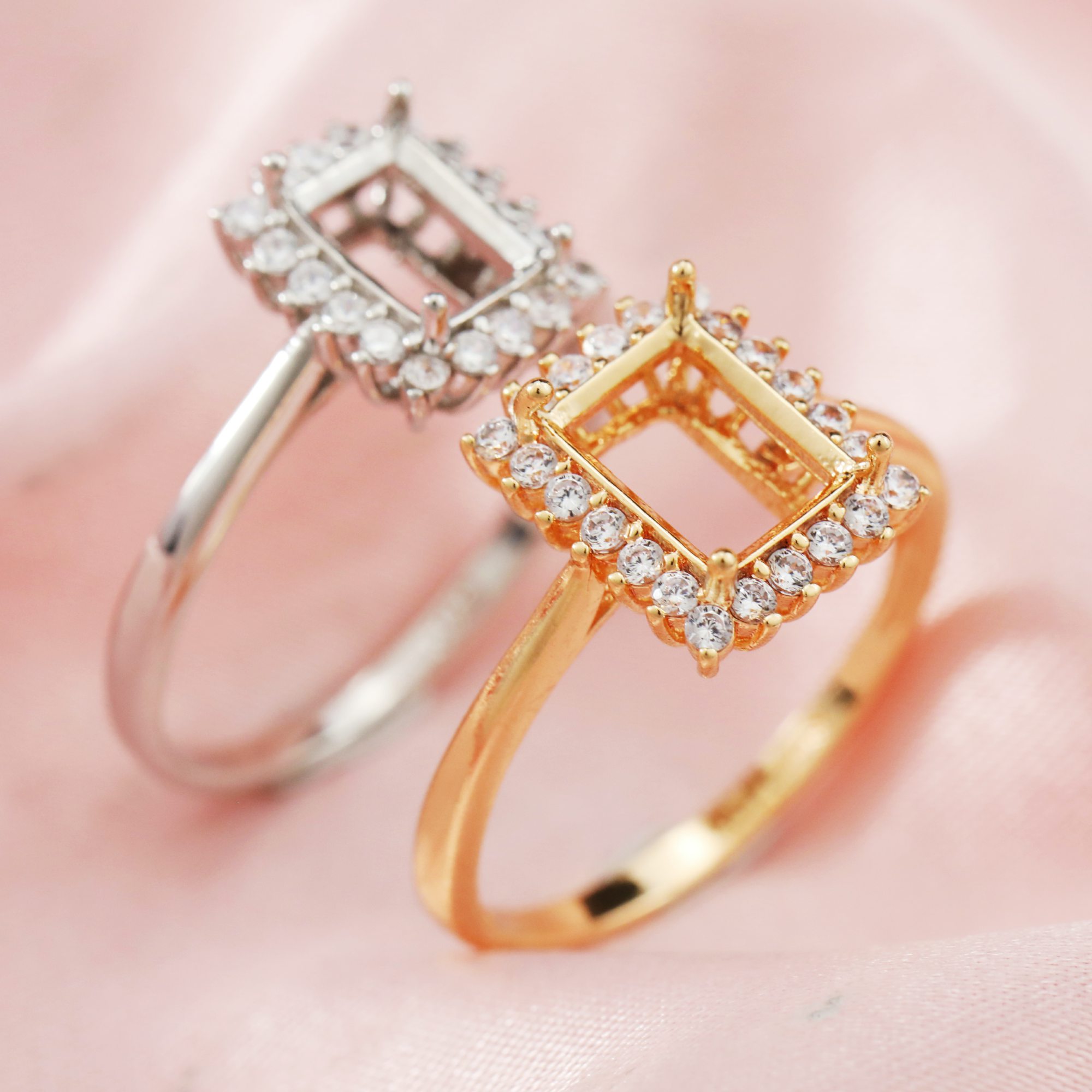 Halo Rectangle Prong Ring Setttings Art Deco Memory Jewelry Solid 14K 18K Gold DIY Ring Blank Wedding Band with Moissanite 1294354-1