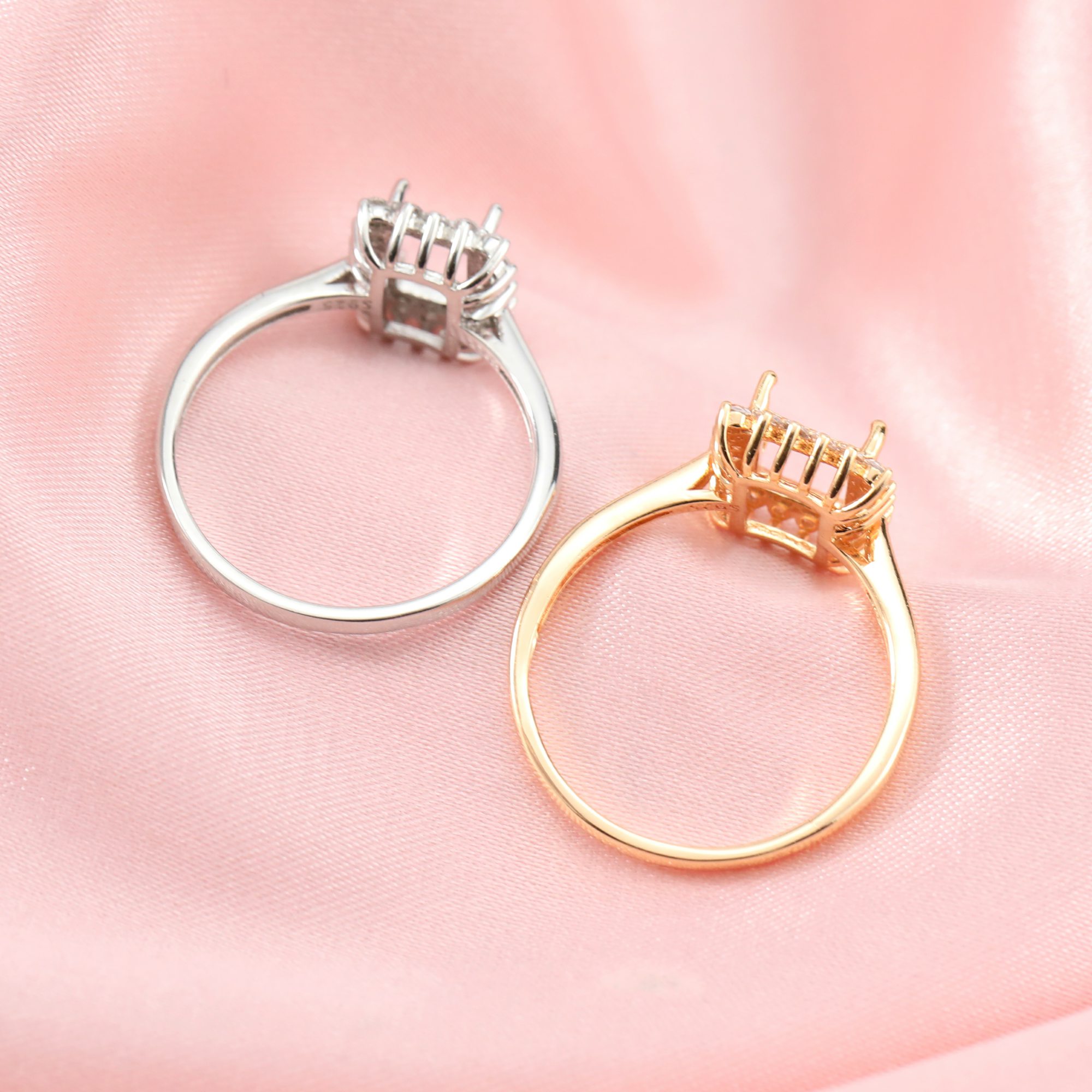 Halo Rectangle Prong Ring Setttings Art Deco Memory Jewelry Solid 14K 18K Gold DIY Ring Blank Wedding Band with Moissanite 1294354-1