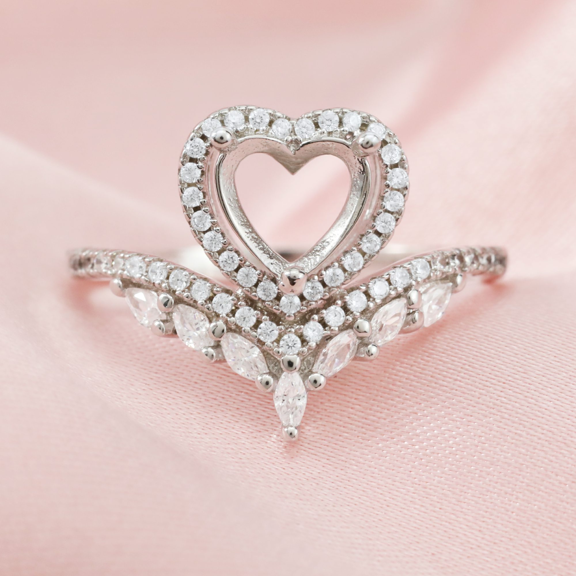 6MM Halo Heart Prong Ring Setttings Crown Love Memory Jewelry Solid 14K 18K Gold DIY Ring Blank Wedding Band with Moissanite 1294368-1