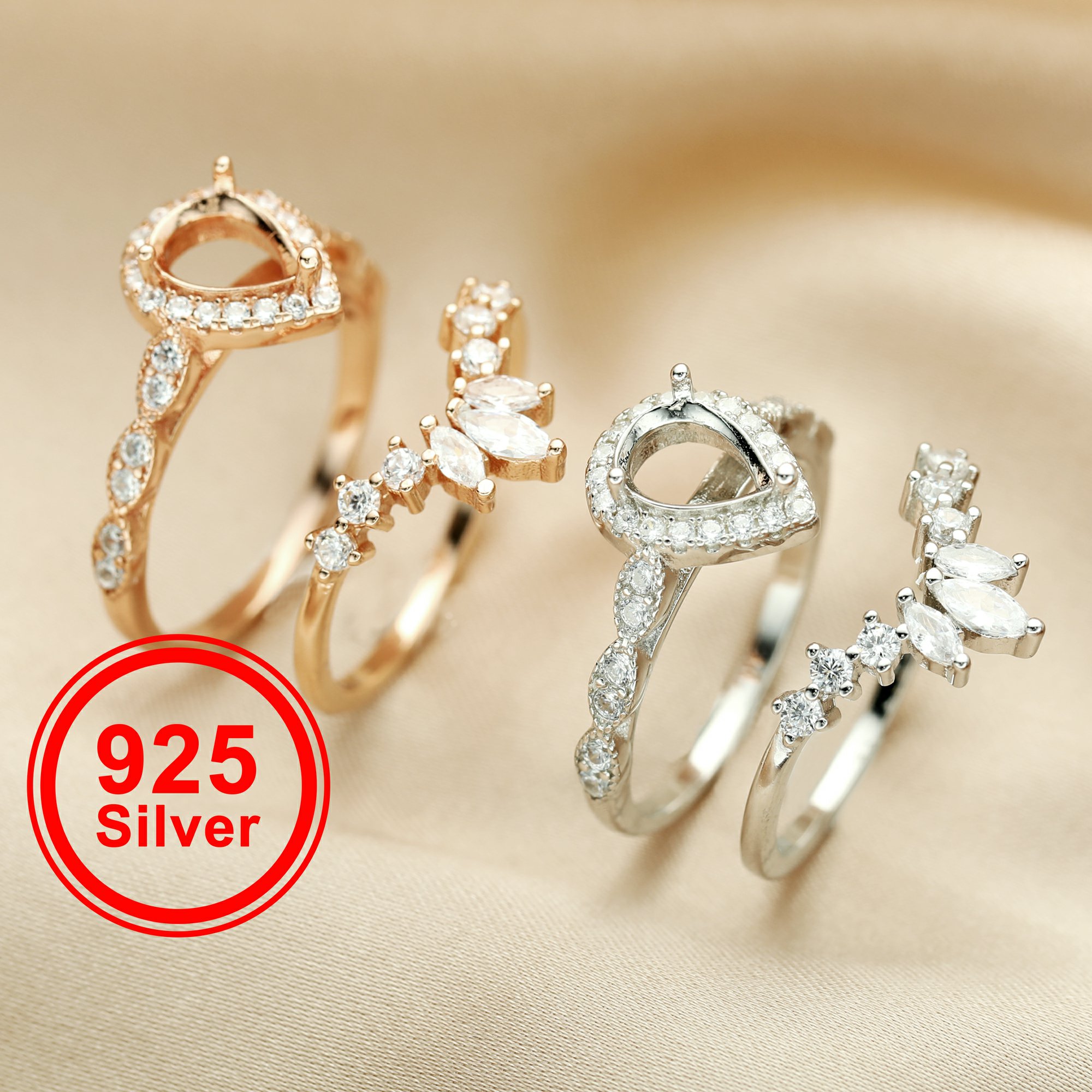 6x8MM Pear Prong Ring Settings Stacable Solid 925 Sterling Silver Rose Gold Plated Ring Blank Wedding Band Stacker For Gemstone 1294393 - Click Image to Close