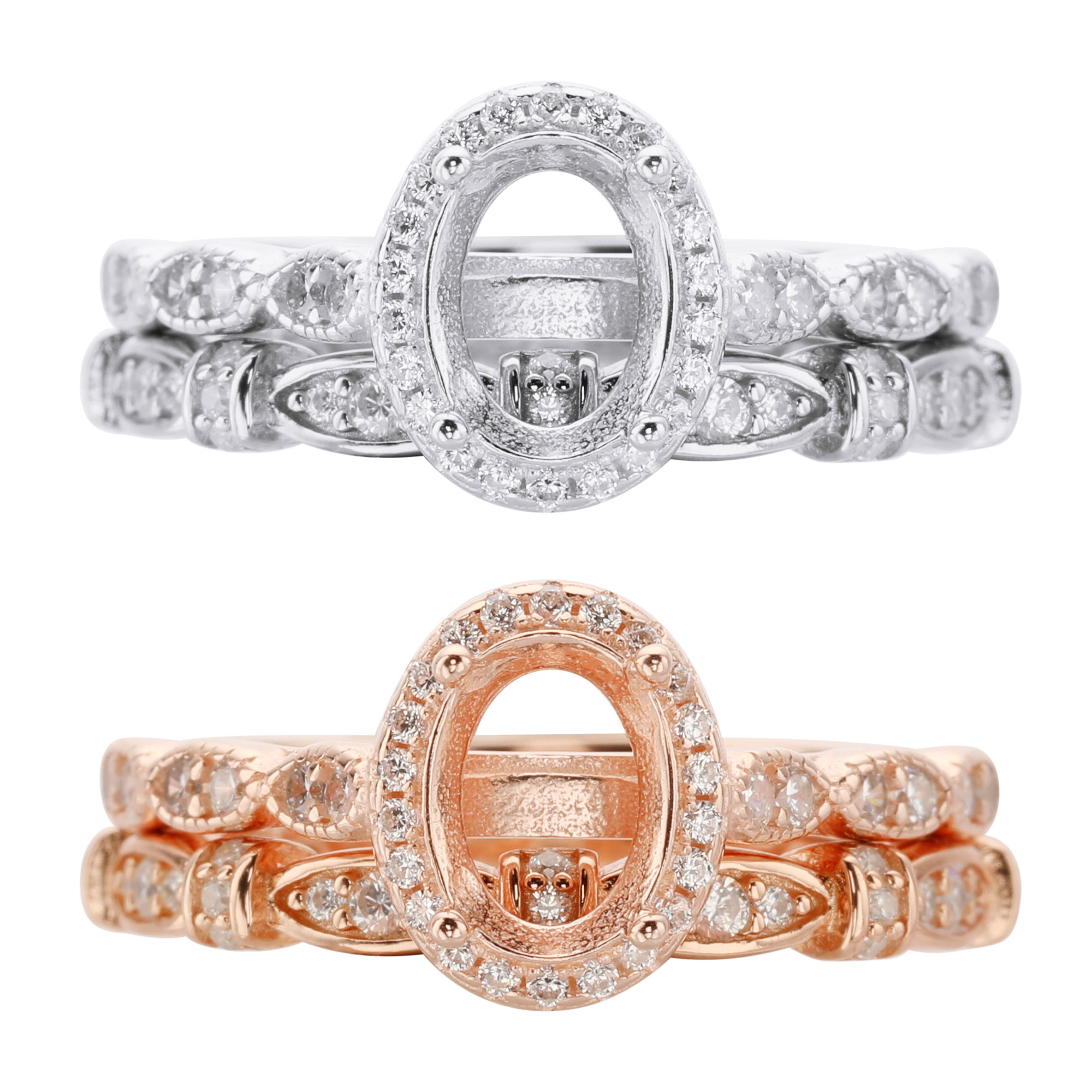 6x8MM Oval Prong Rings Settings Stackable Solid 925 Sterling Silver Rose Gold Plated Art Deco Bezel Stacker Ring DIY Set 1294475 - Click Image to Close