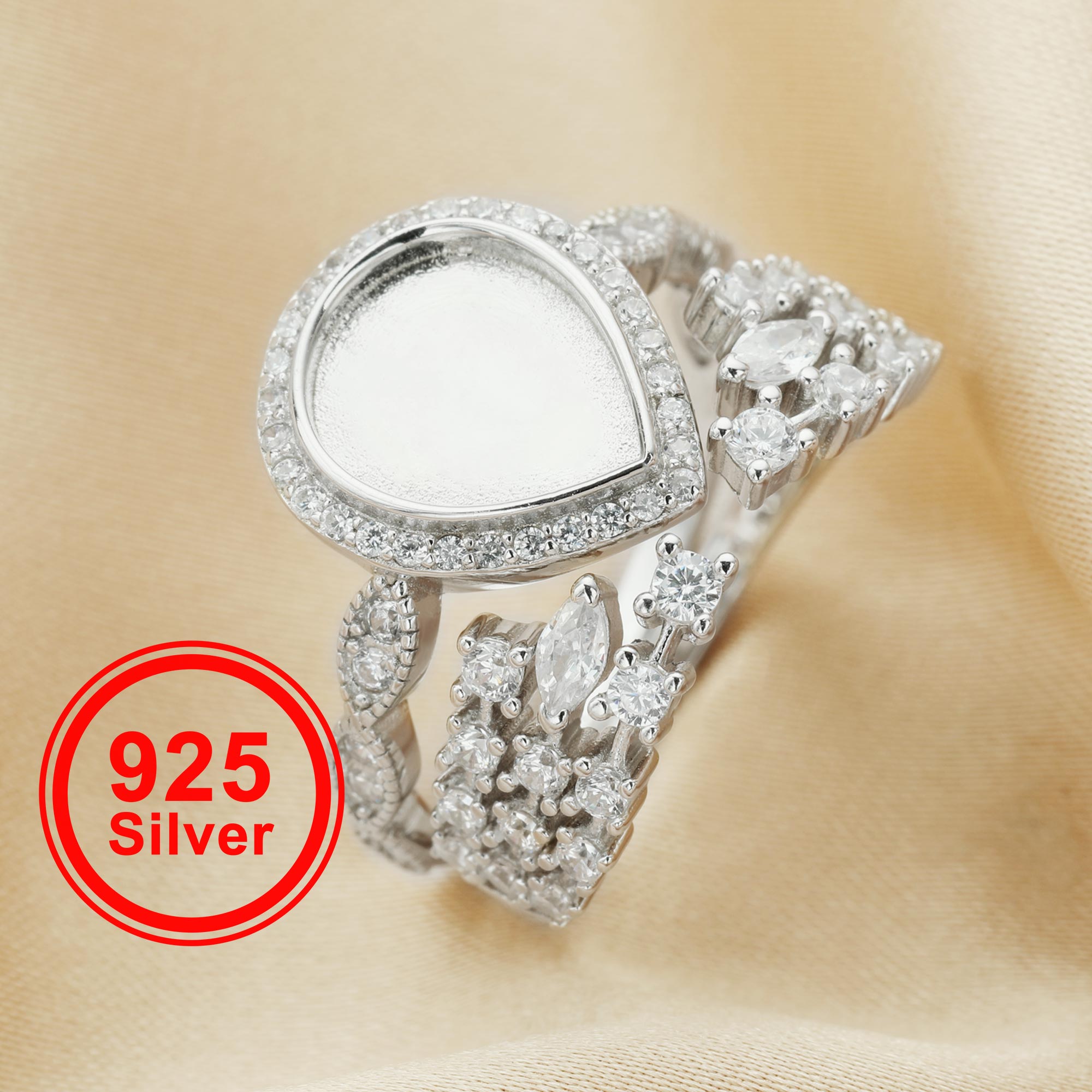 8x10MM Keepsake Breast Milk Resin Halo Pear Ring Settings,Stackable Solid 925 Sterling Silver Ring Set,Art Deco Stacker Ring Band,DIY Ring Set 1294476