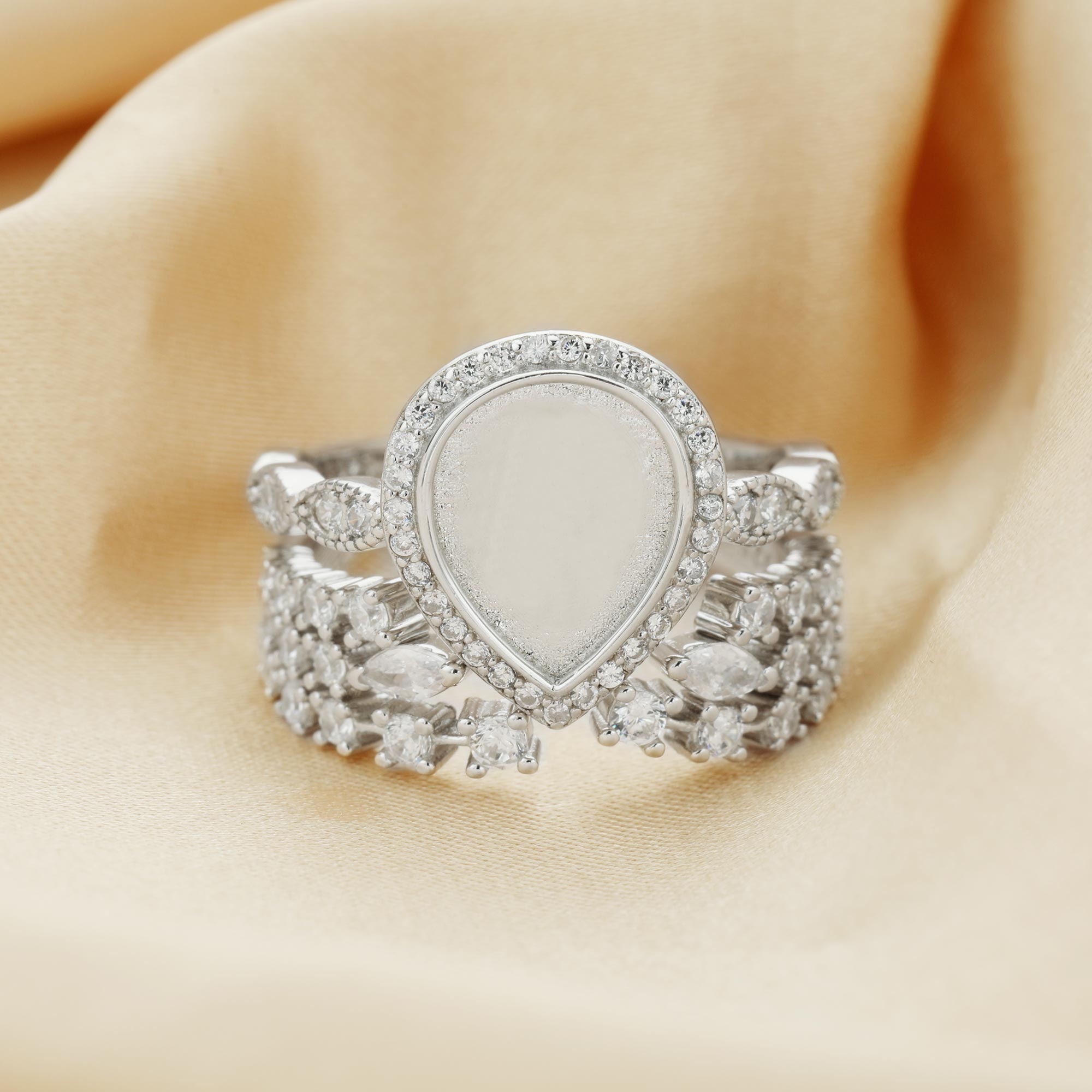8x10MM Keepsake Breast Milk Resin Halo Pear Ring Settings,Stackable Solid 925 Sterling Silver Ring Set,Art Deco Stacker Ring Band,DIY Ring Set 1294476