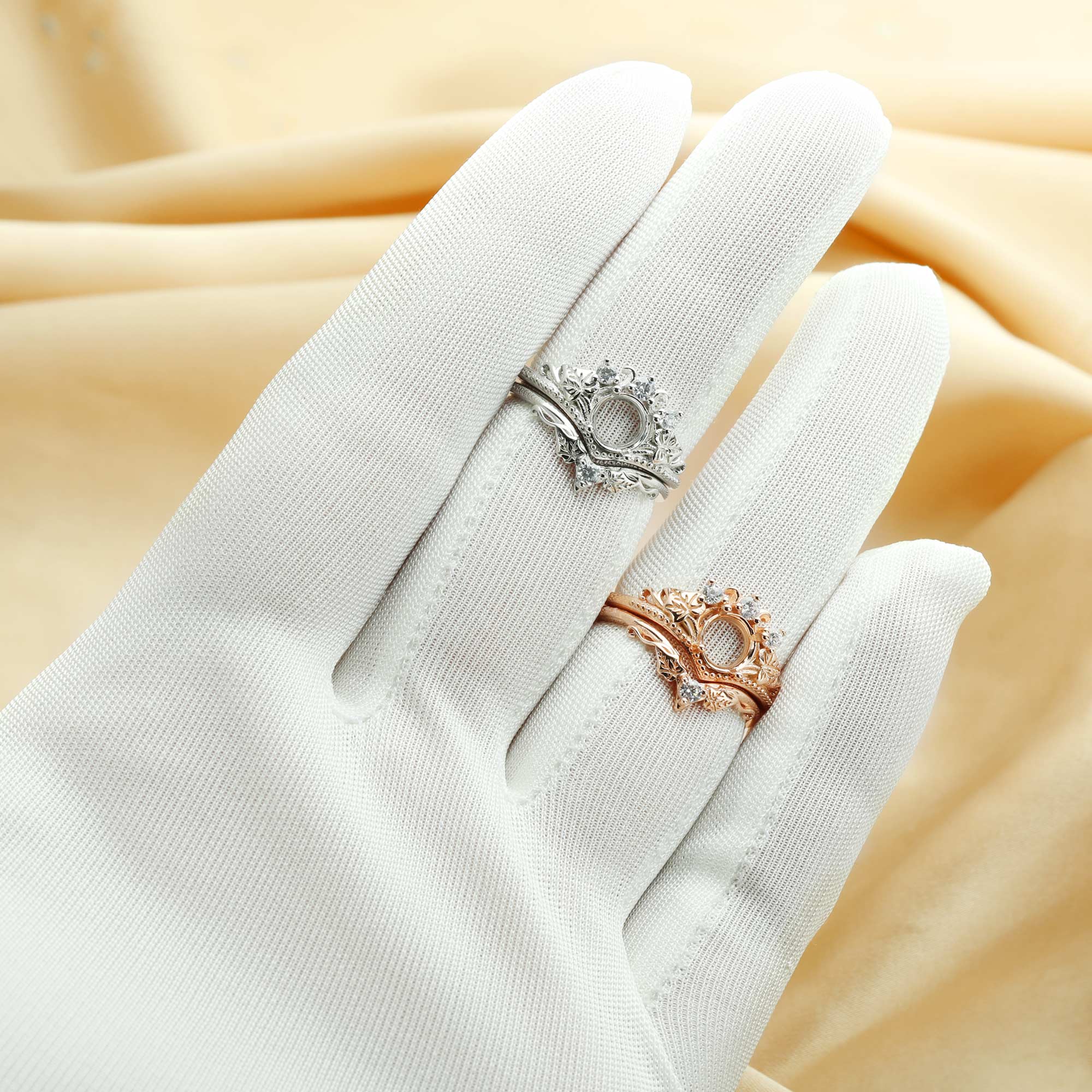 6MM Round Prong Ring Settings,Tree Branch Leaf Art Deco Stackable Ring Set,Solid 925 Sterling Silver Rose Gold Plated Ring,Vintage Style Stacker Ring Band 1294549 - Click Image to Close