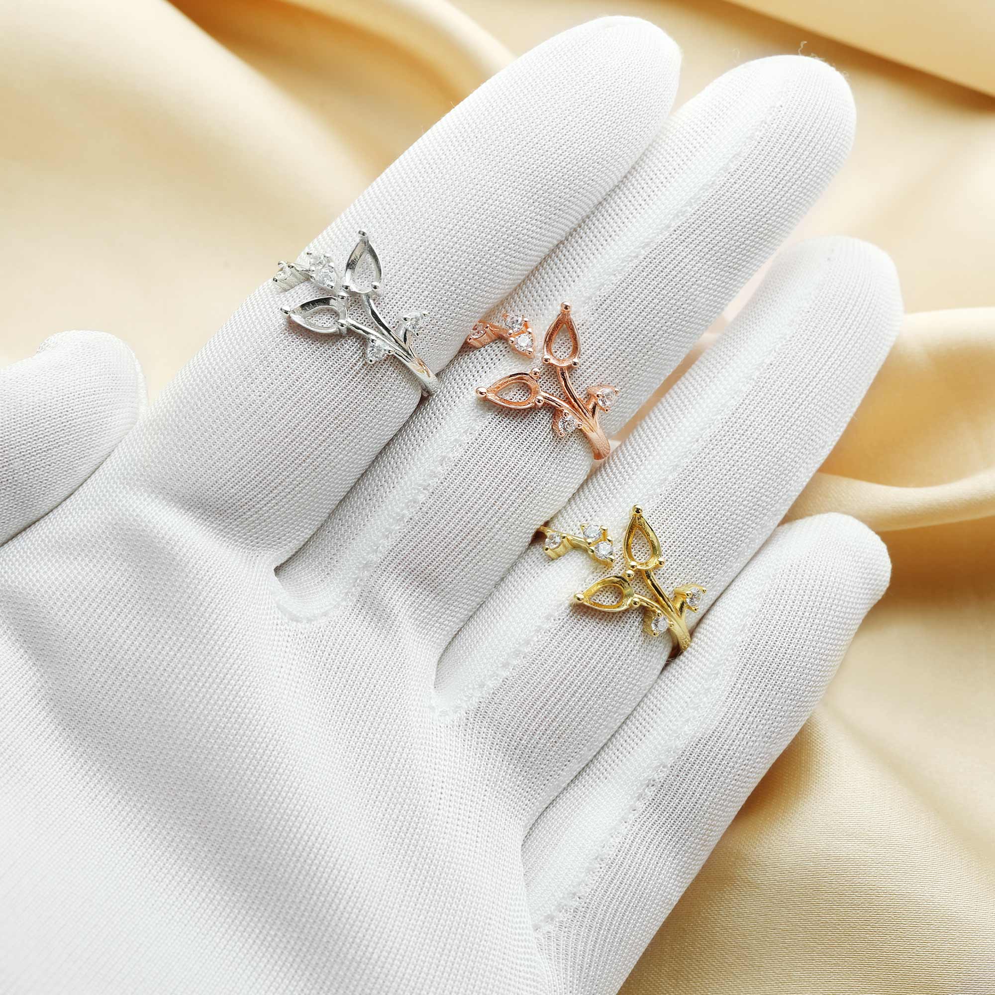 4x6MM Pear Prong Ring Settings,Two Stones Tree Branch Leaf Solid 925 Sterling Silver Rose Gold Plated Ring,Adjustable Ring,DIY Ring Supplies 1294595 - Click Image to Close