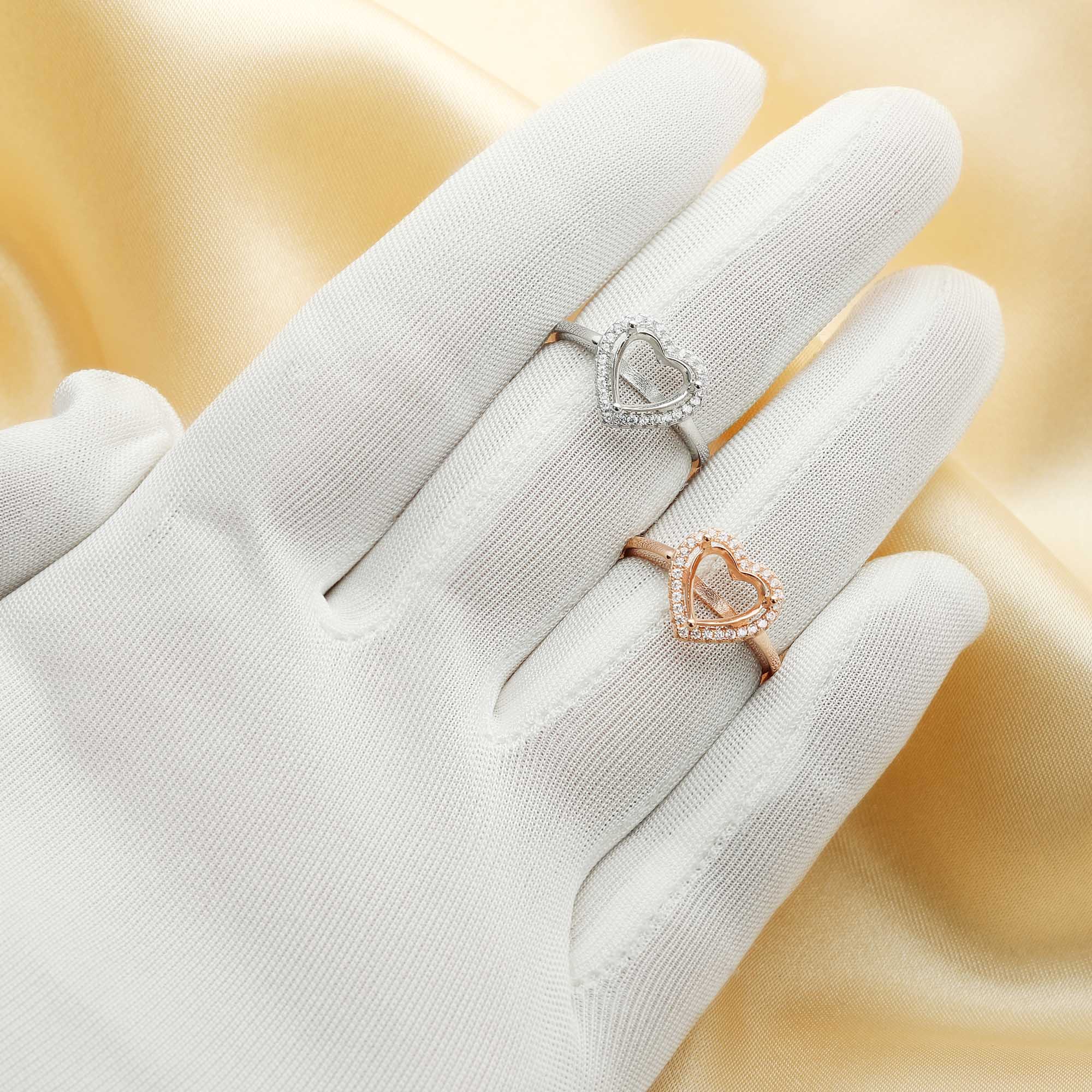 Heart Prong Ring Settings,925 Sterling Silver Rose Gold Plated Ring,Halo Pave CZ Stone Bezel Ring,Art Deco Ring,DIY Ring Supplies 1294626 - Click Image to Close