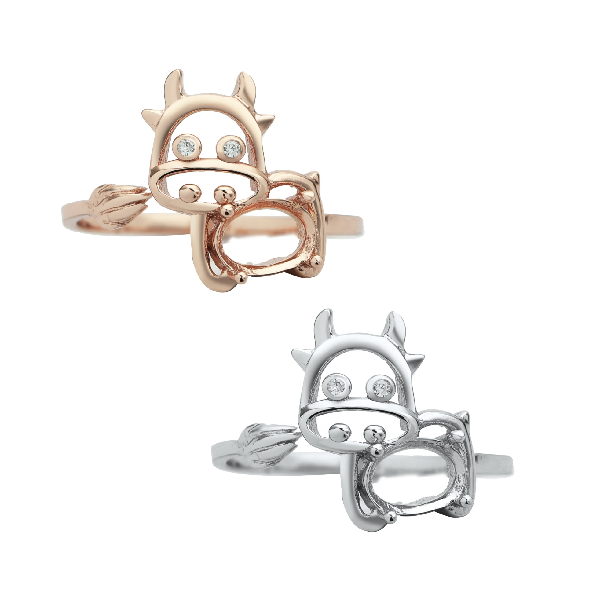 Oval Prong Ring Settings,Cow Solid 925 Sterling Silver Rose Gold Plated Ring,Adjustable Ring,Animal Deco Ring,DIY Ring Supplies 1294650 - Click Image to Close