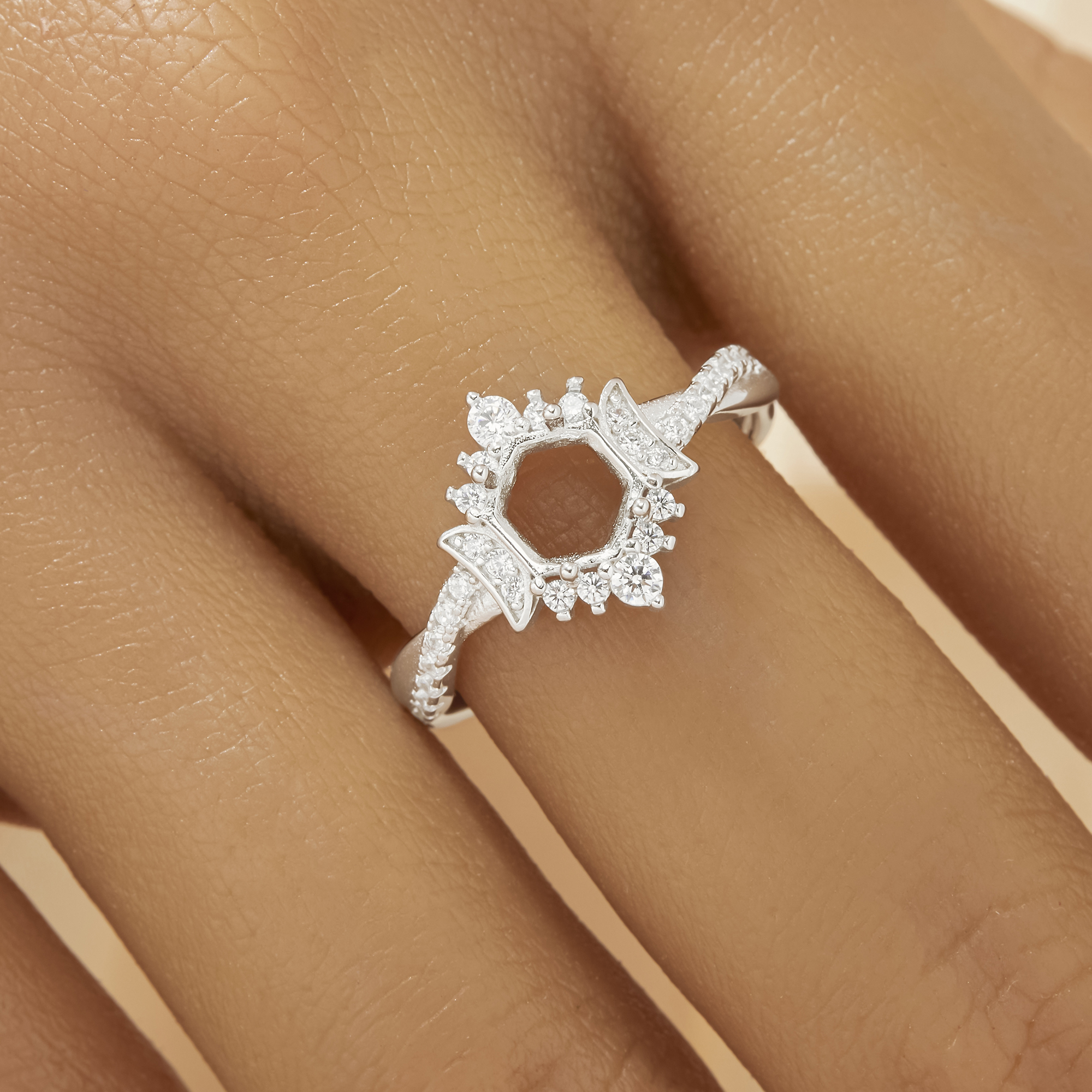 US Size 6.75 Dainty Hexagon Prong Ring Settings,Full Moon Solid 925 Sterling Silver Ring,Infinity Art Deco Ring,DIY Ring Supplies For Gemstone 1294893 - Click Image to Close