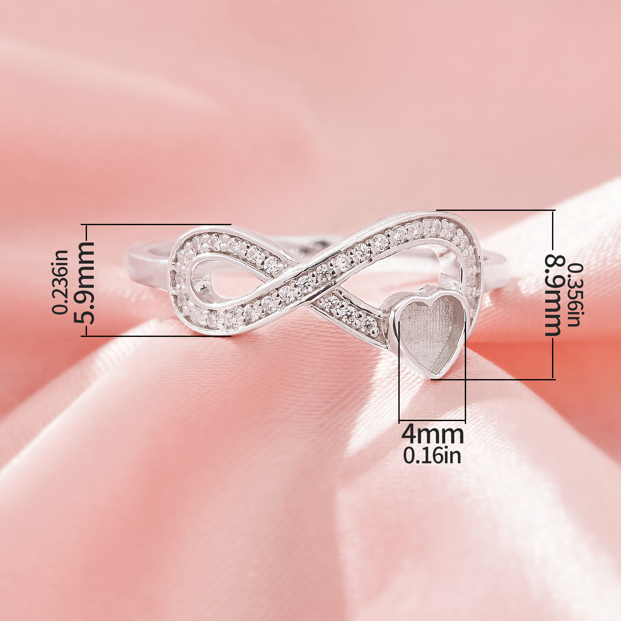 4MM Keepsake Breast Milk Resin Heart Bezel Ring Settings,Infinity Solid 925 Sterling Silver Ring,Pave CZ Stone Ring,DIY Ring Supplies 1294920